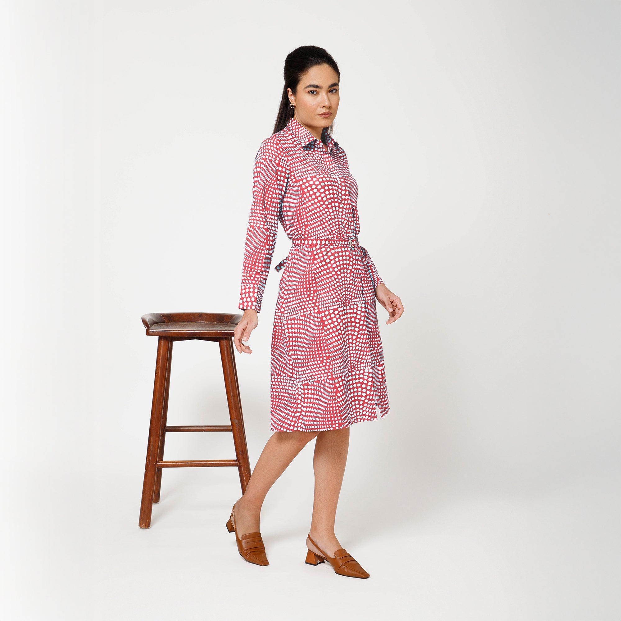 Blue and Brown Polka Print Long Shirt With Belt