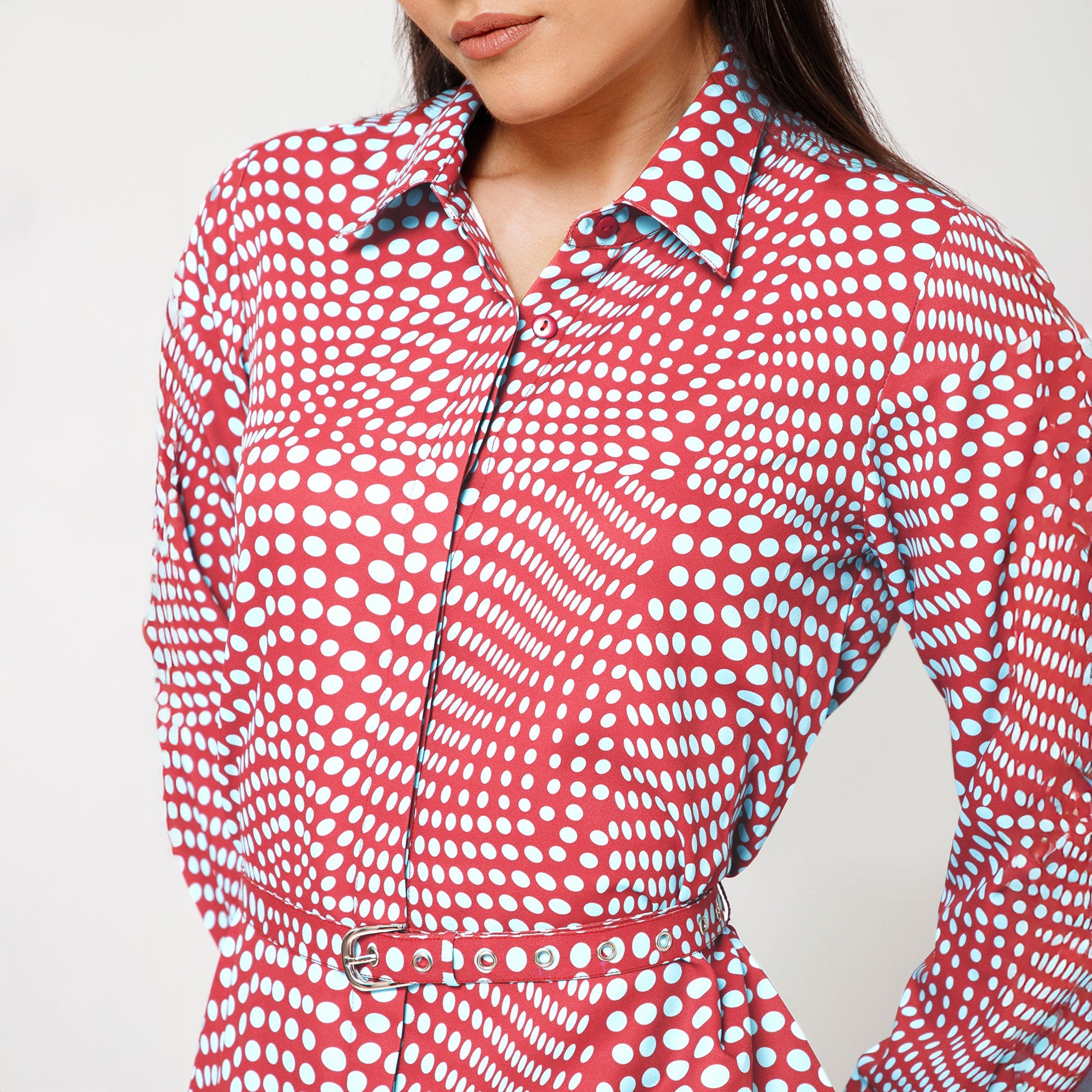 Blue and Brown Polka Print Long Shirt With Belt
