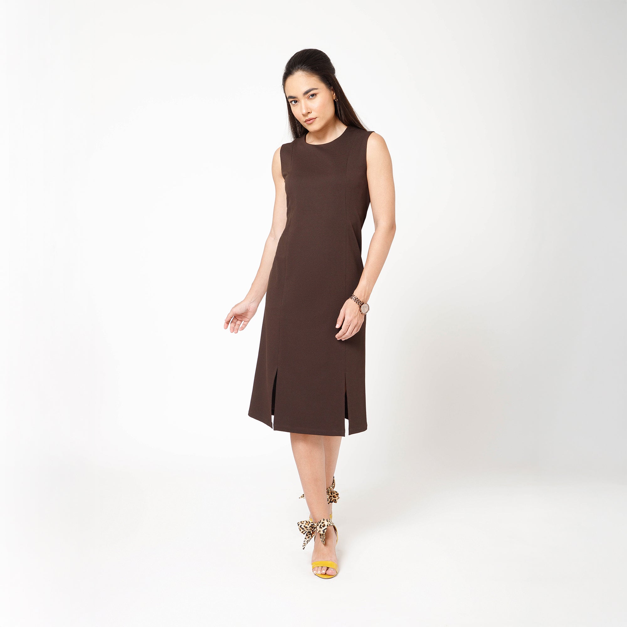 Brown Textured Lycra Long Slit Dress