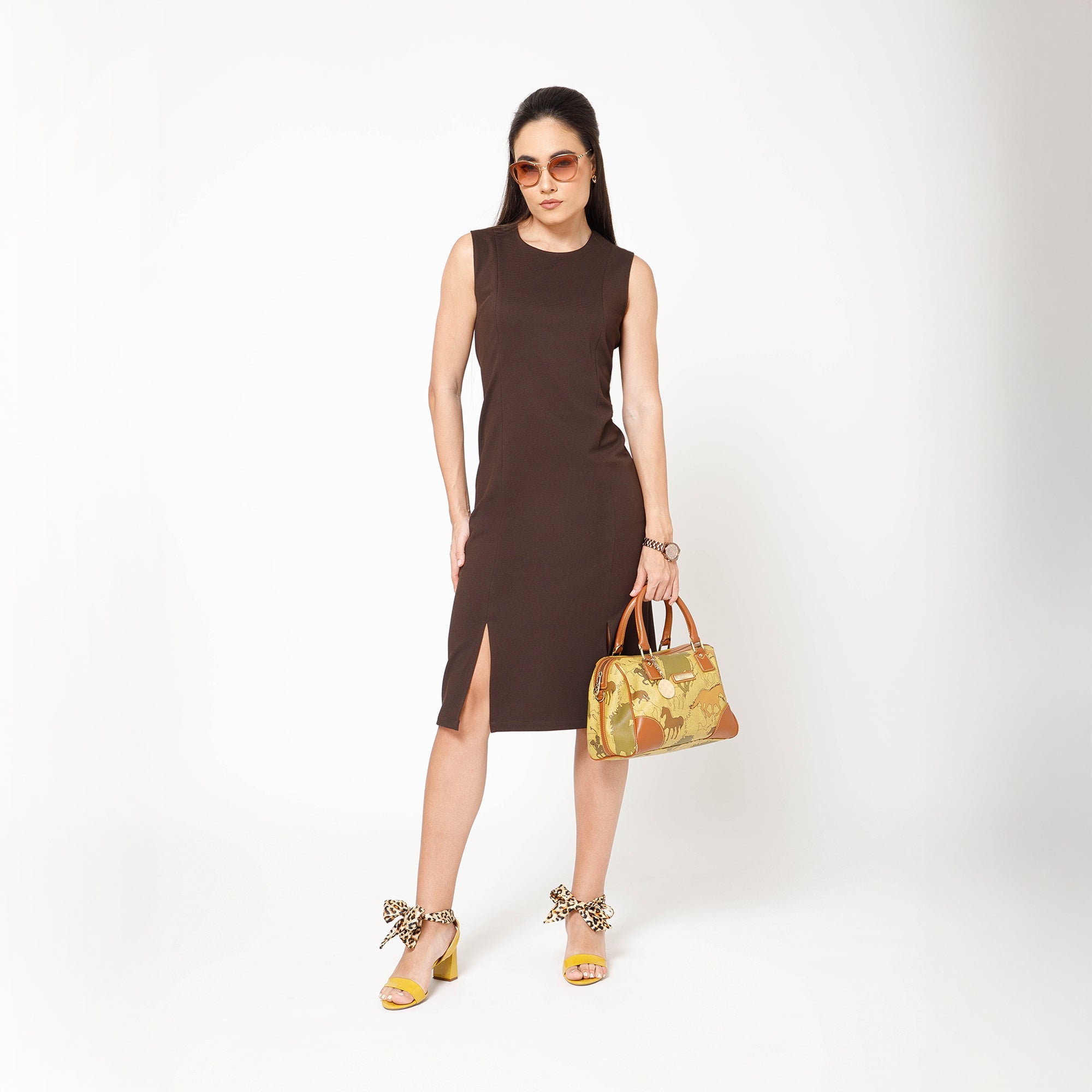 Brown Textured Lycra Long Slit Dress