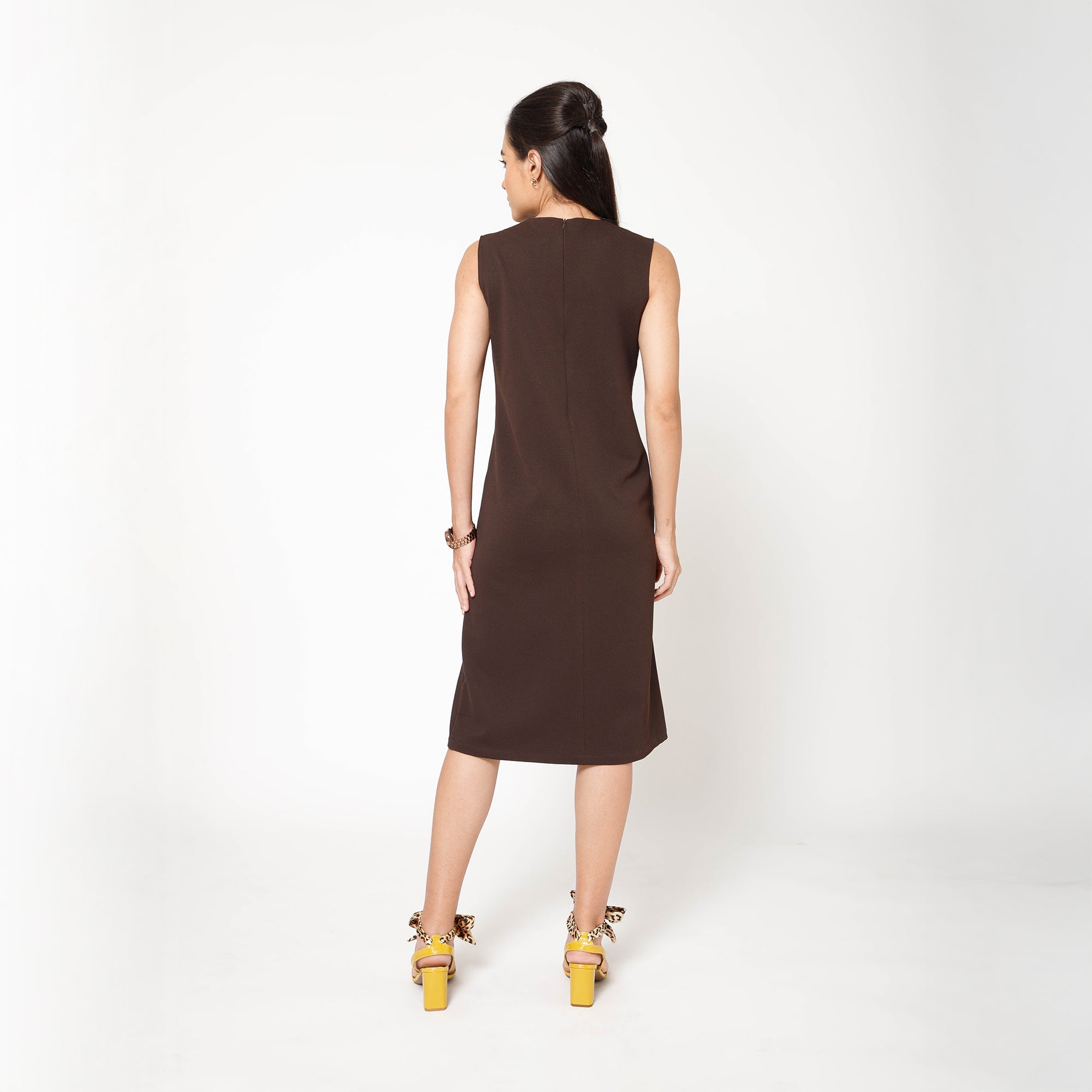 Brown Textured Lycra Long Slit Dress