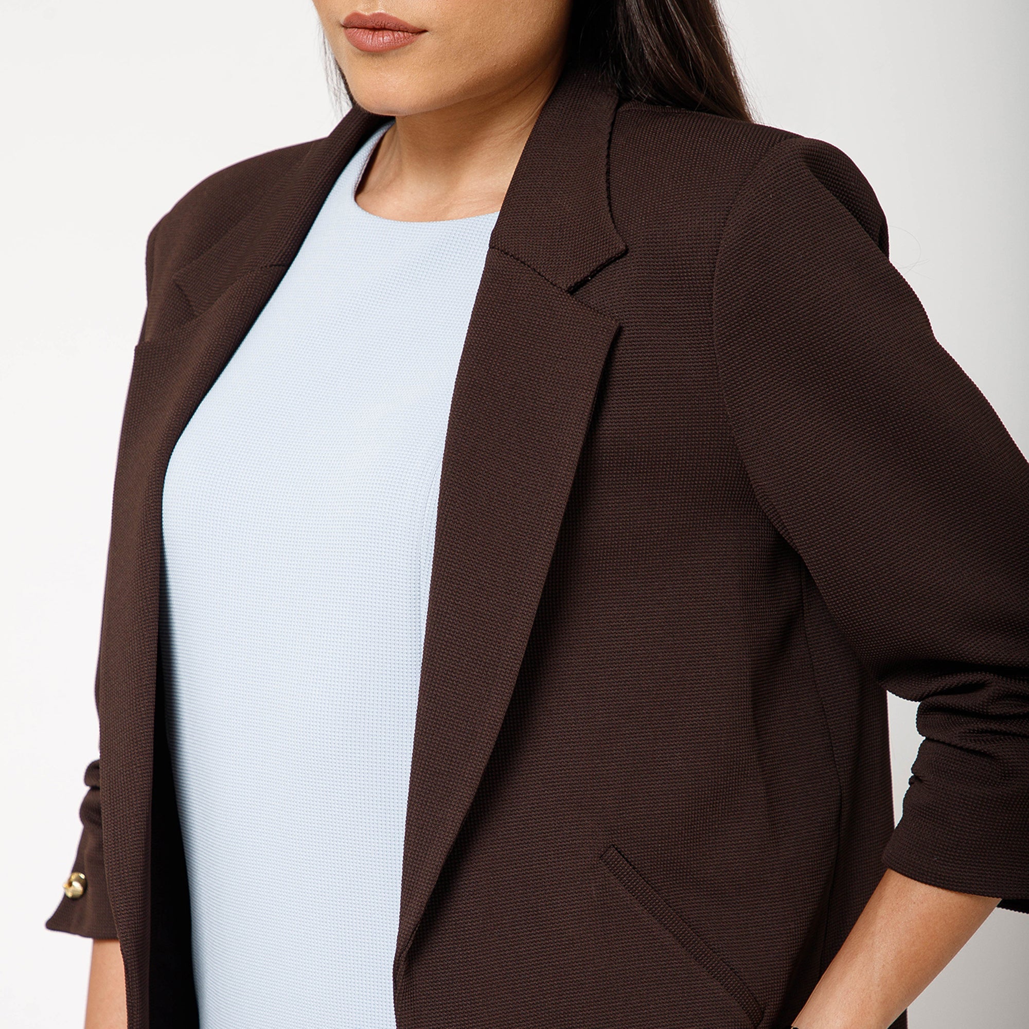 Brown Textured Lycra Jacket With Cufflinks