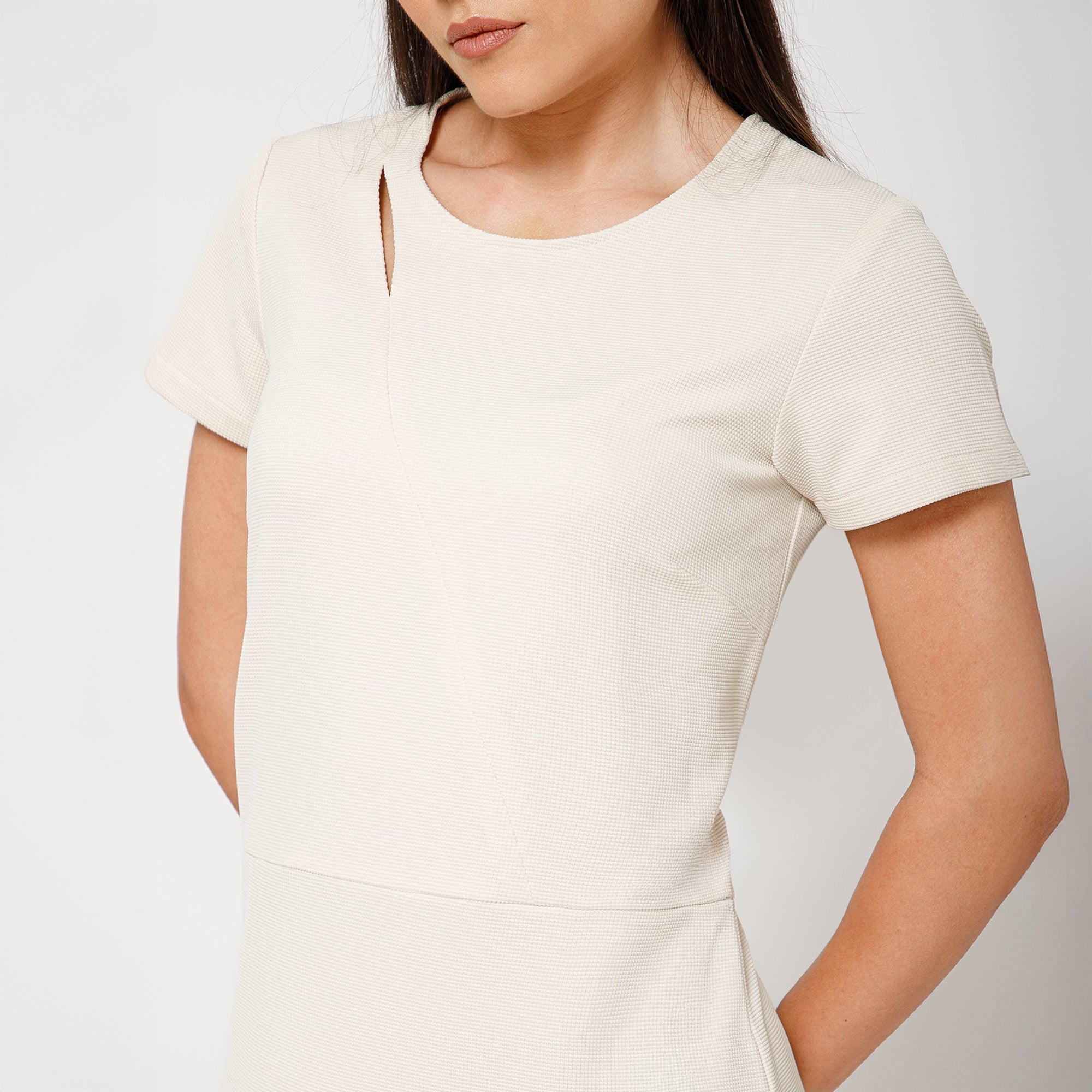 Off White Textured Long Dress With Key Hole