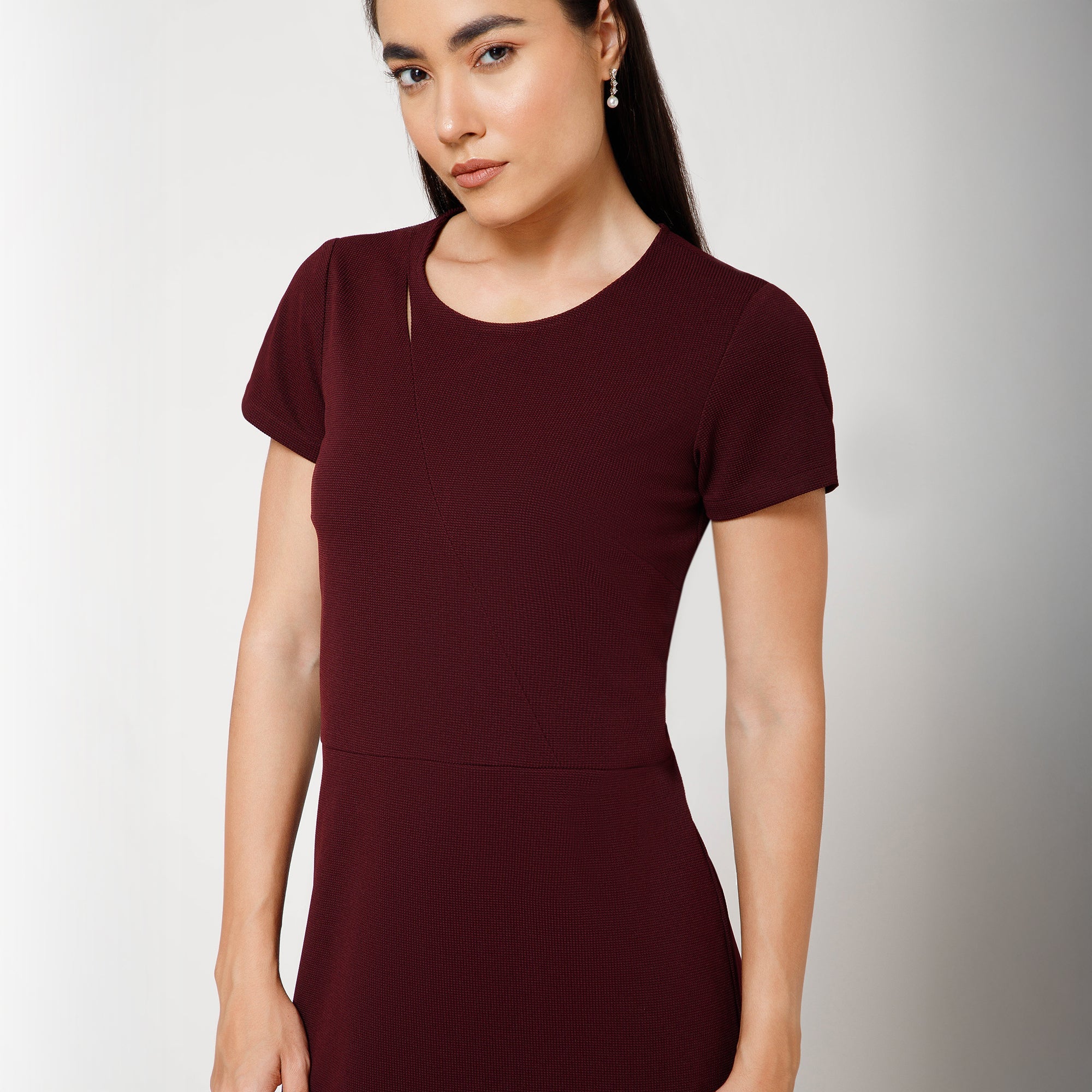 Maroon Textured Long Dress With Key Hole