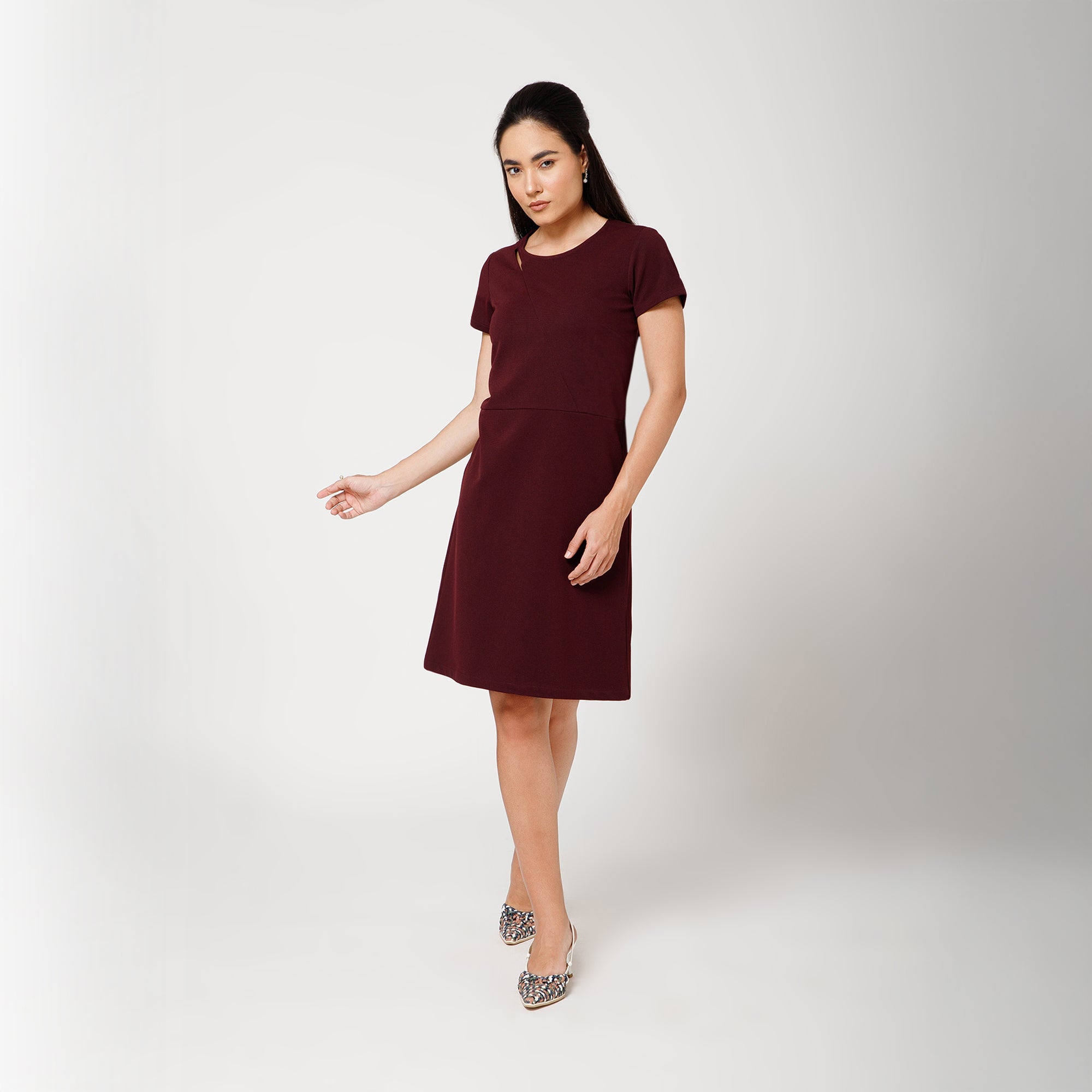 Maroon Textured Long Dress With Key Hole