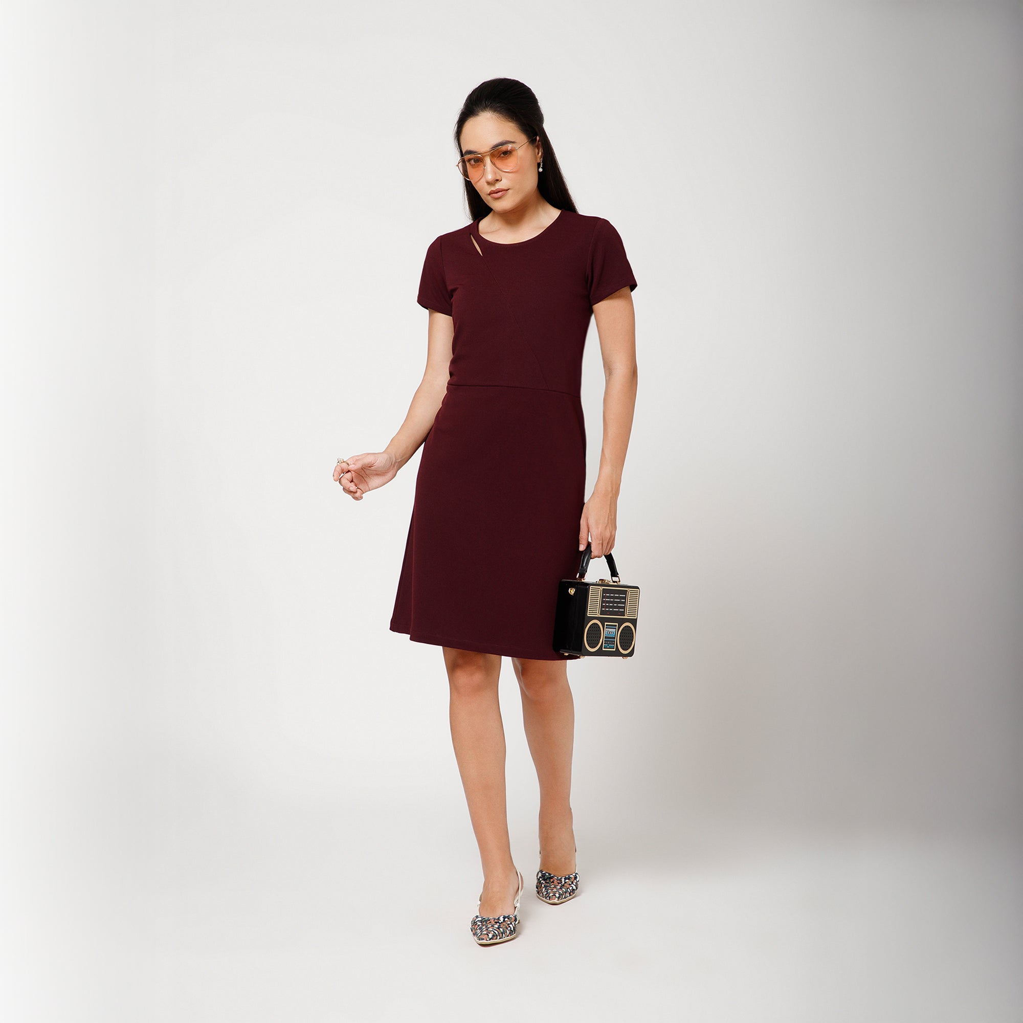 Maroon Textured Long Dress With Key Hole