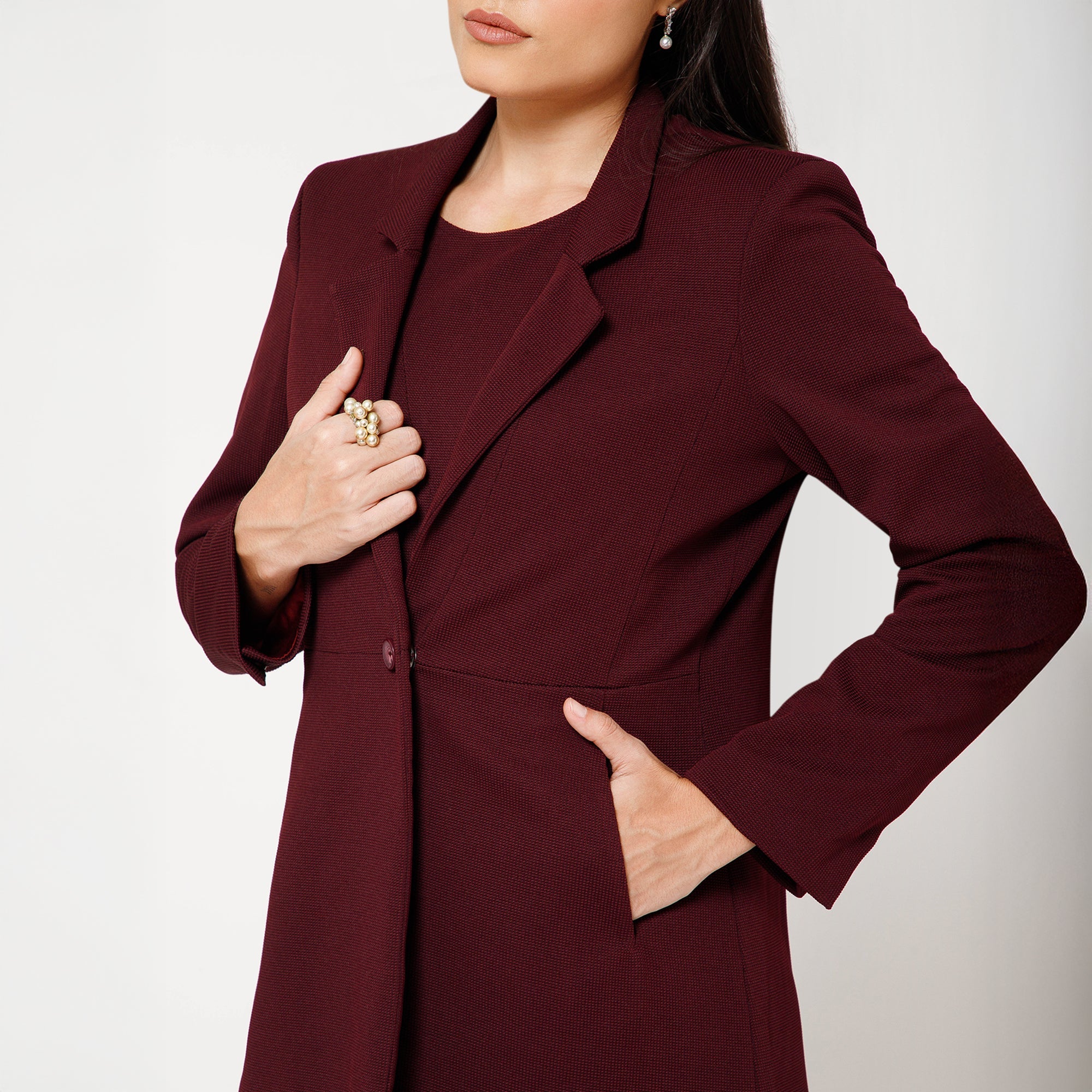 Maroon Textured Jacket With Pockets
