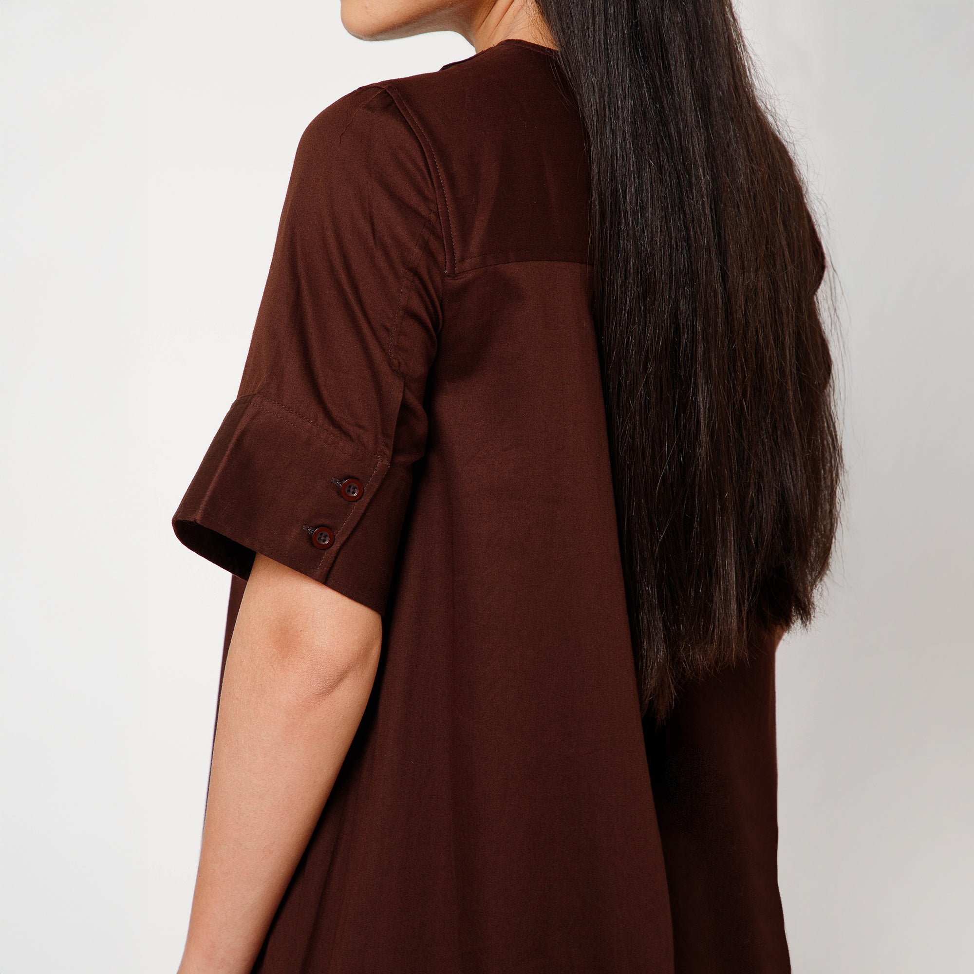 Brown Cotton A-Line Dress With Round Neck