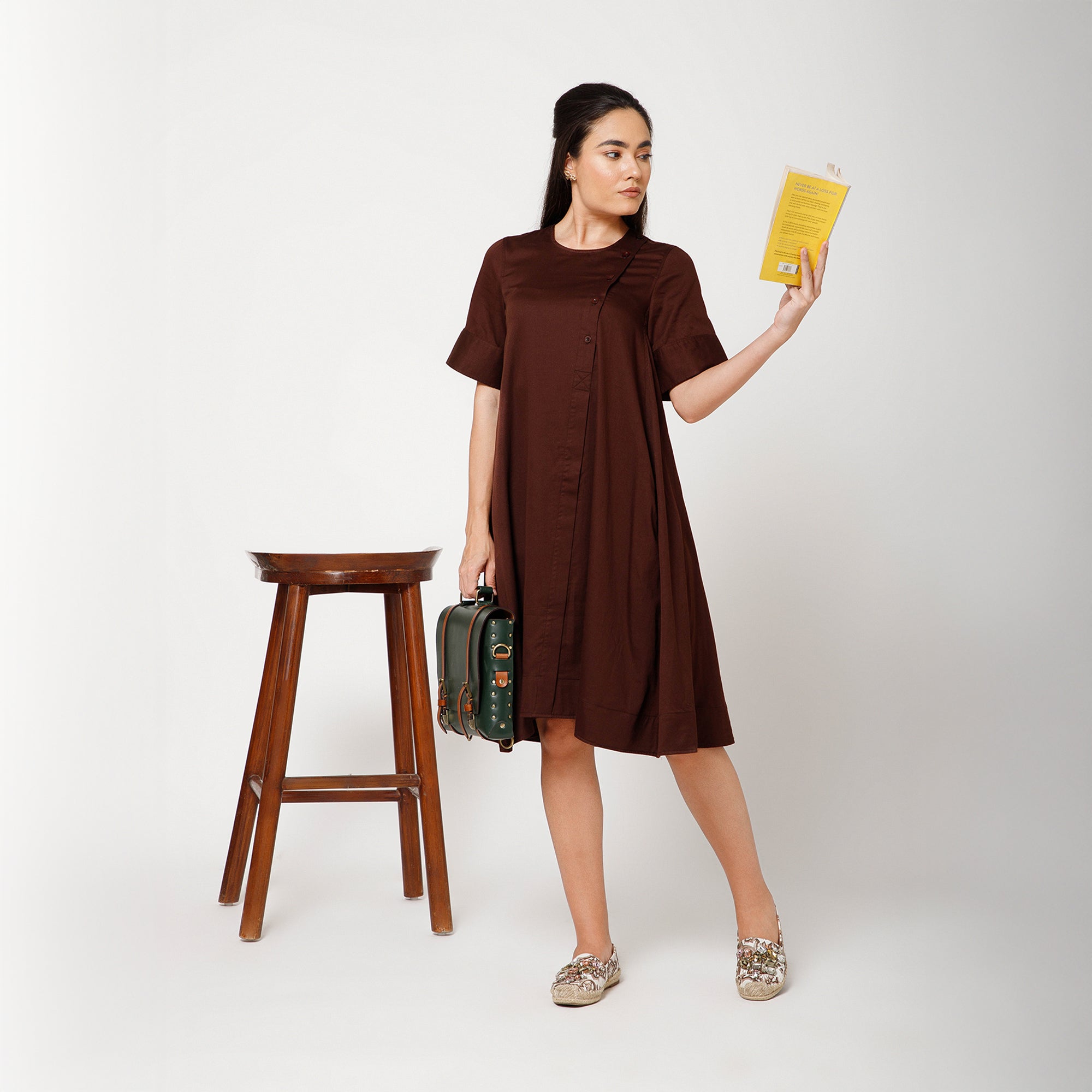 Brown Cotton A-Line Dress With Round Neck