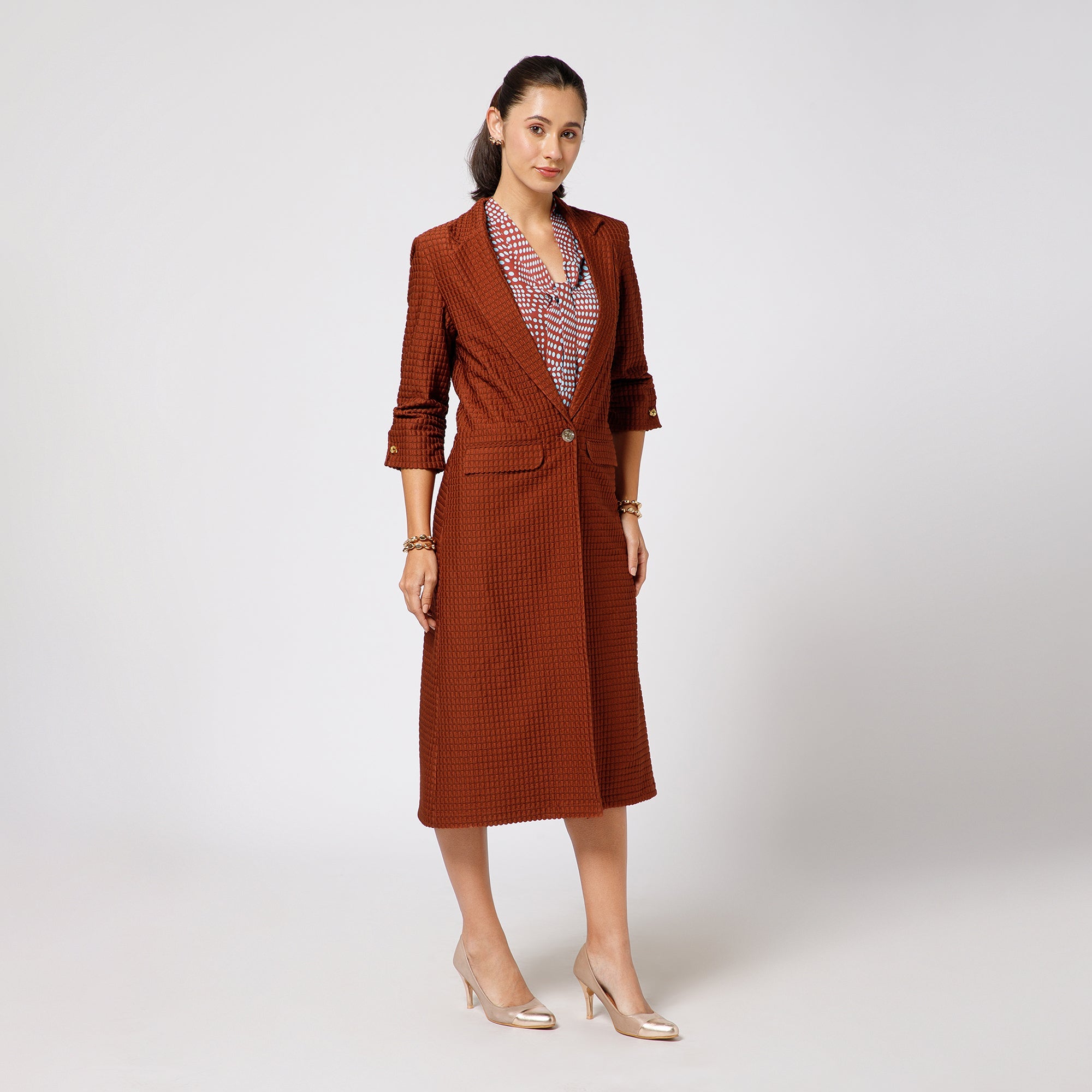 Brown Textured Over Coat With Cufflinks