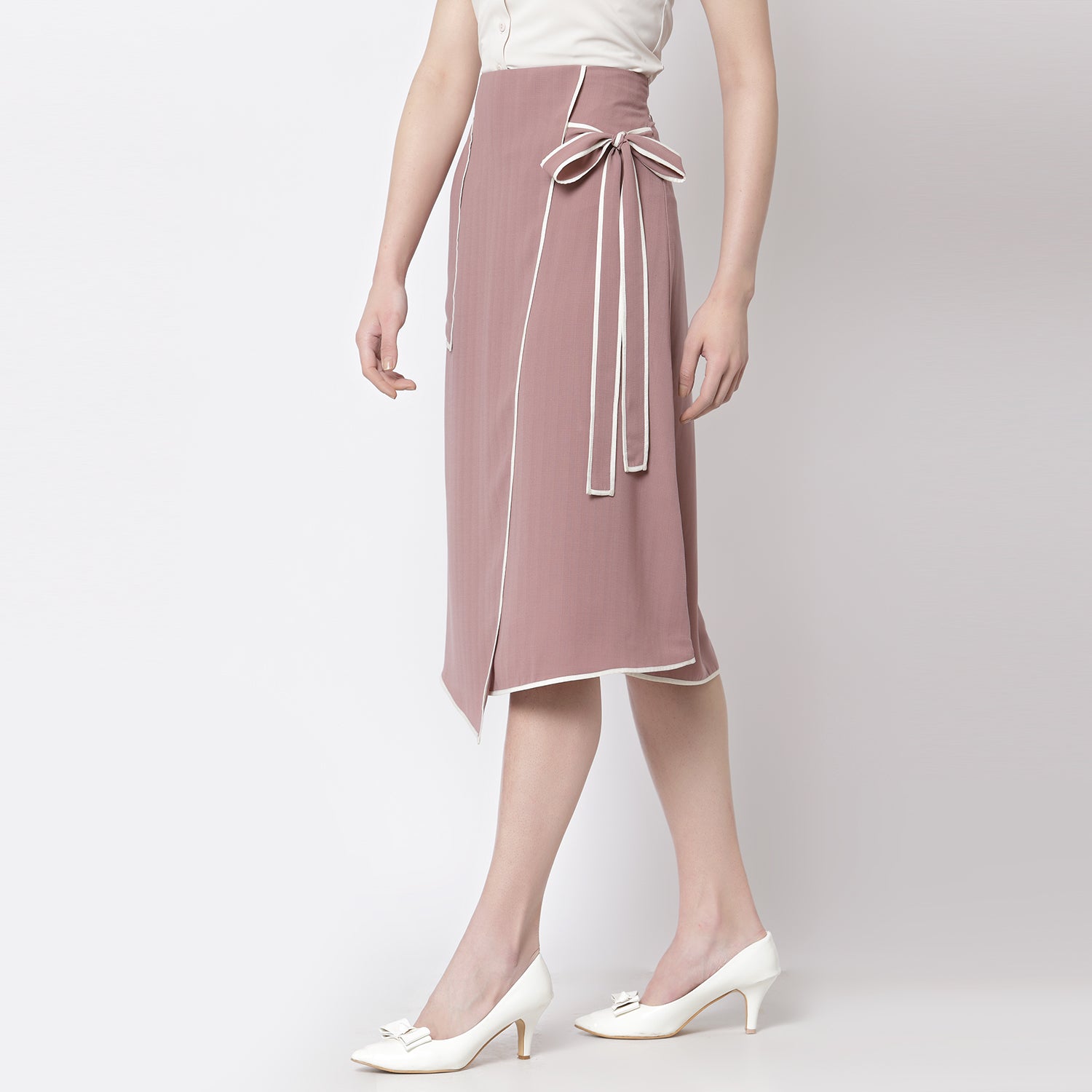 Pink Asymmetrical Skirt With Off White Piping