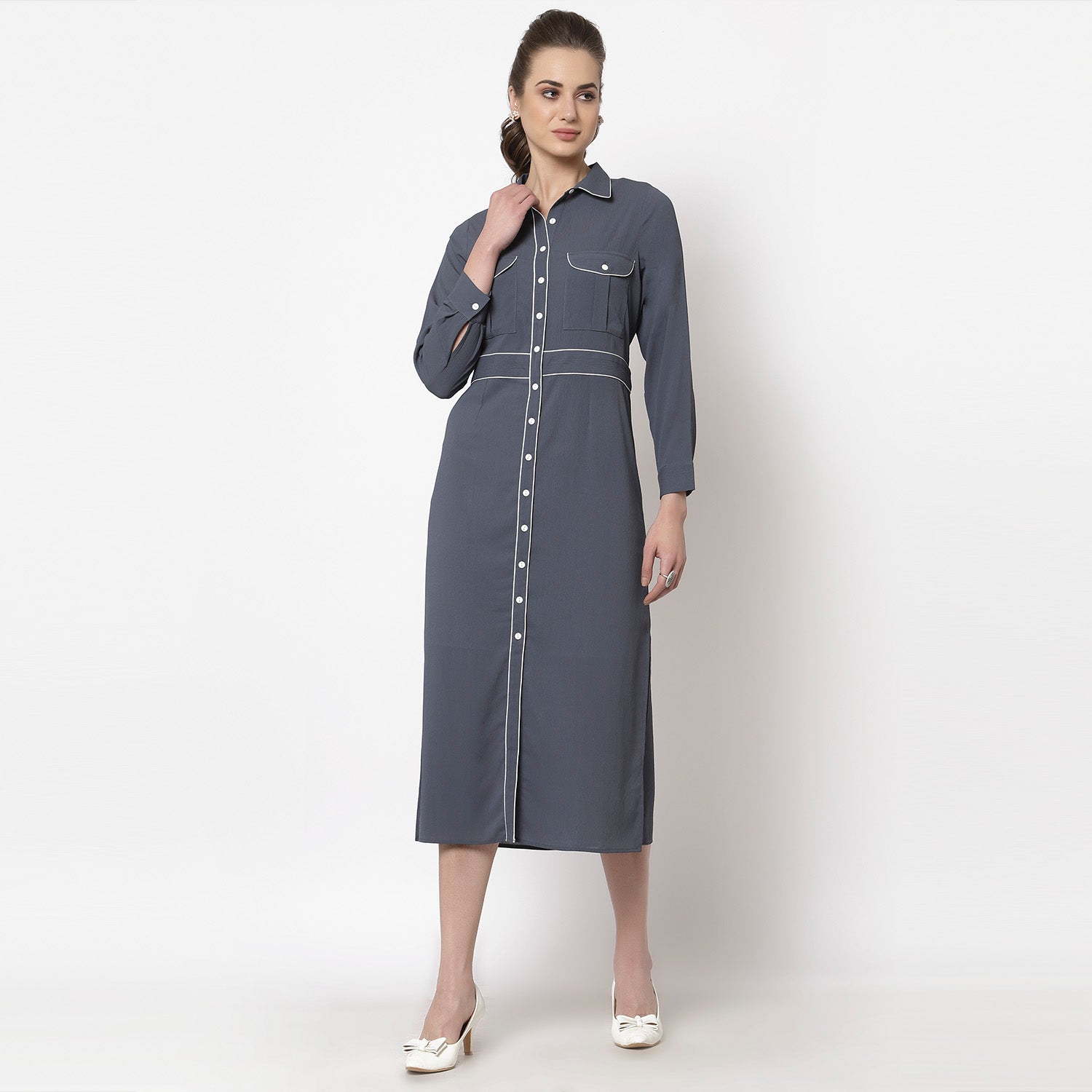 Blue Dress With White Piping & Inner