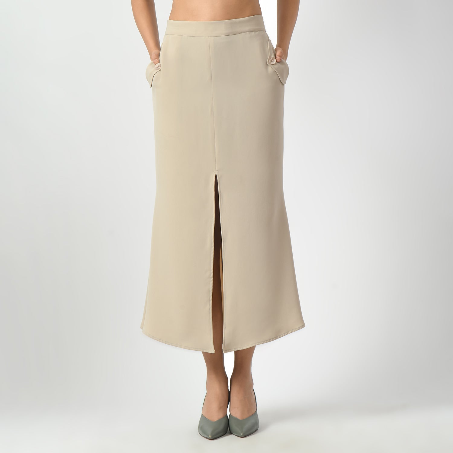 Light Beige Fish Cut Skirt With Front Slit, formal frocks for work , office dresses for women, traditional office skirts , designer skirts for work, fish cut skirt, front slit skirts, beige skirts