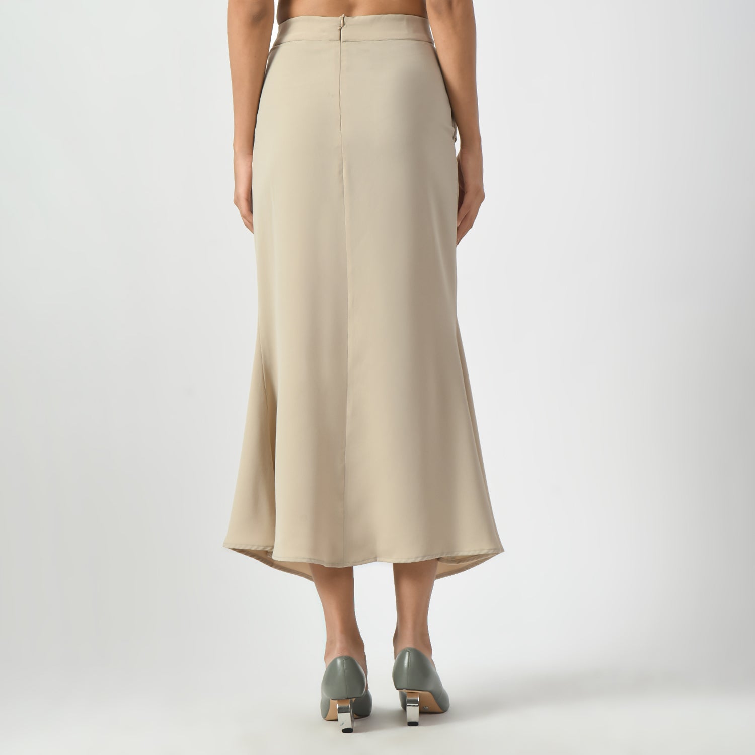 Light Beige Fish Cut Skirt With Front Slit, formal frocks for work , office dresses for women, traditional office skirts , designer skirts for work, fish cut skirt, front slit skirts, beige skirts