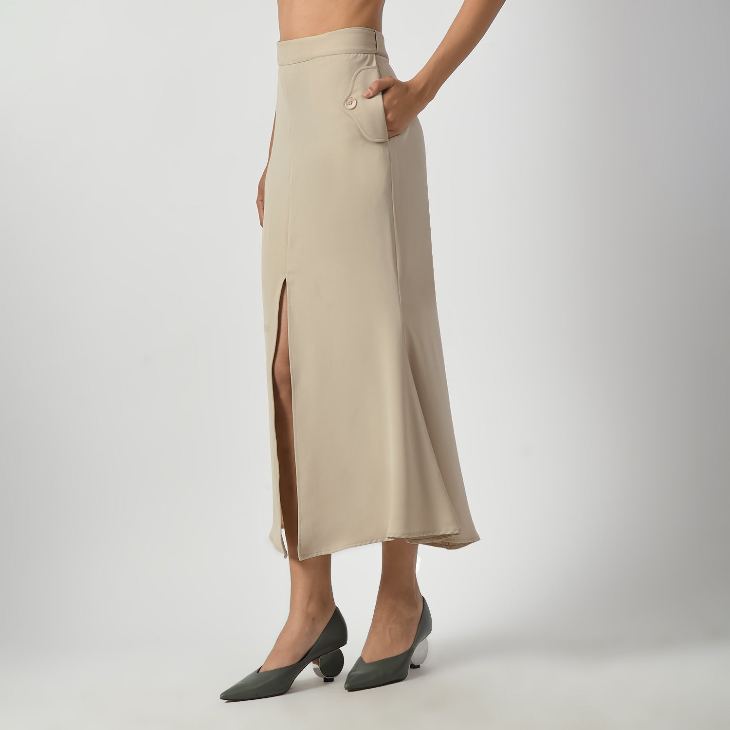 Light Beige Fish Cut Skirt With Front Slit, formal frocks for work , office dresses for women, traditional office skirts , designer skirts for work, fish cut skirt, front slit skirts, beige skirts