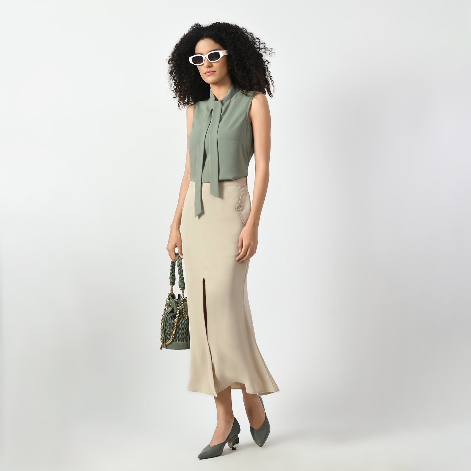 Light Beige Fish Cut Skirt With Front Slit, formal frocks for work , office dresses for women, traditional office skirts , designer skirts for work, fish cut skirt, front slit skirts, beige skirts