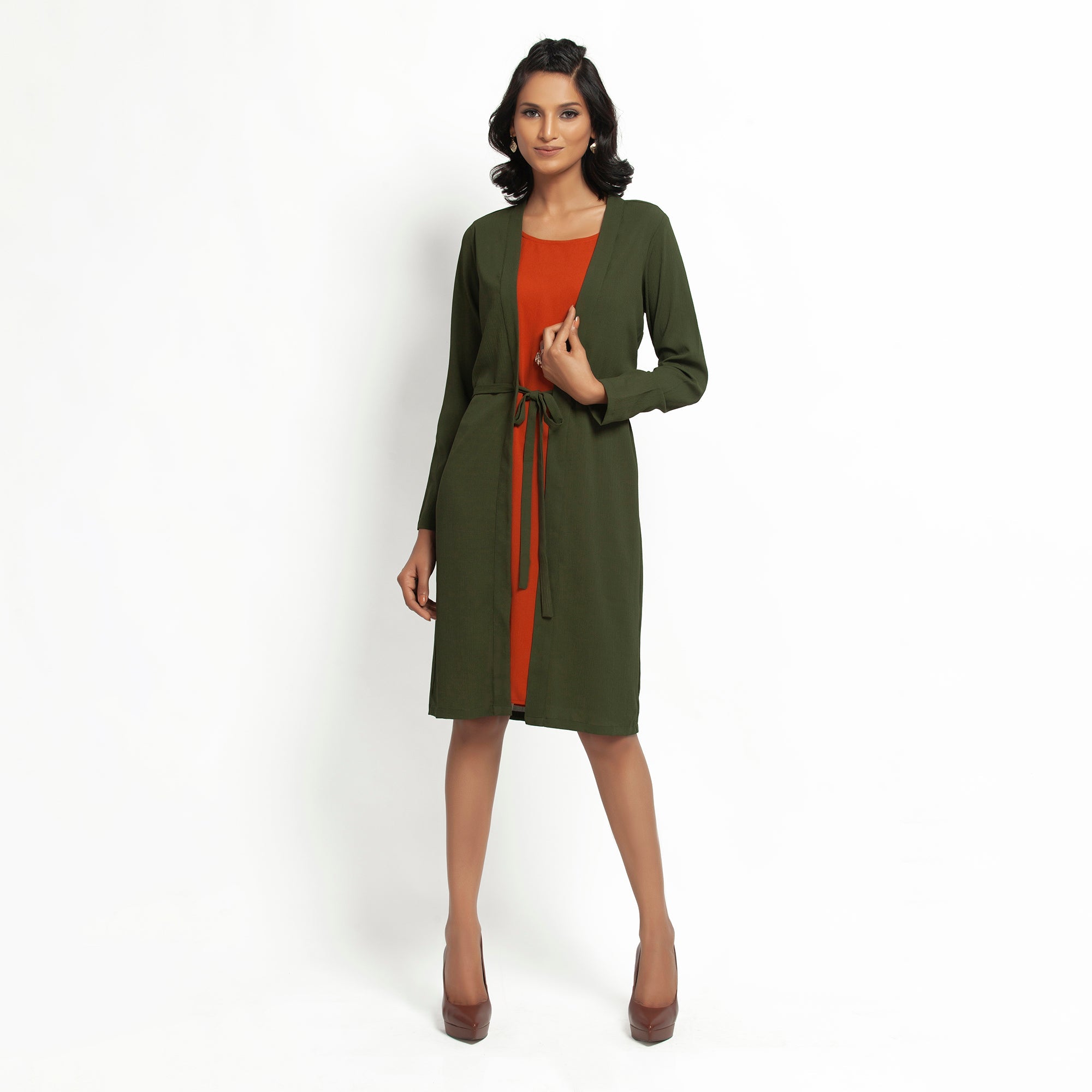 Green Crepe Jacket with Tie Knot for Women-2