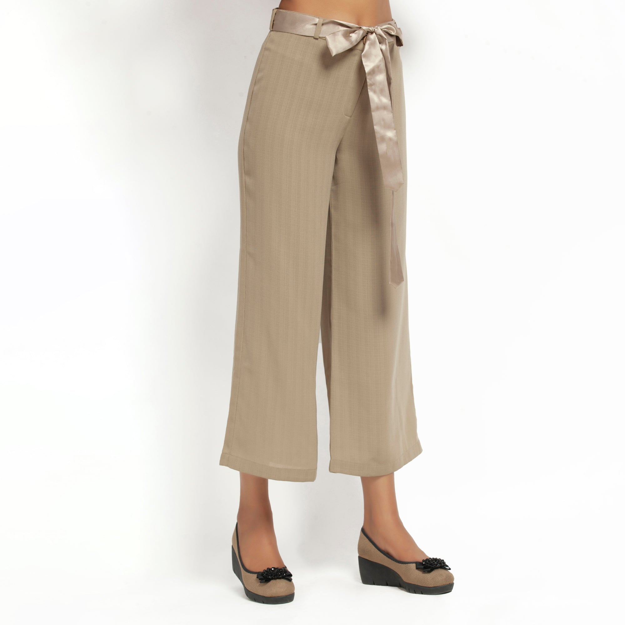 Beige Plazzo with Satin Belt for Women-1