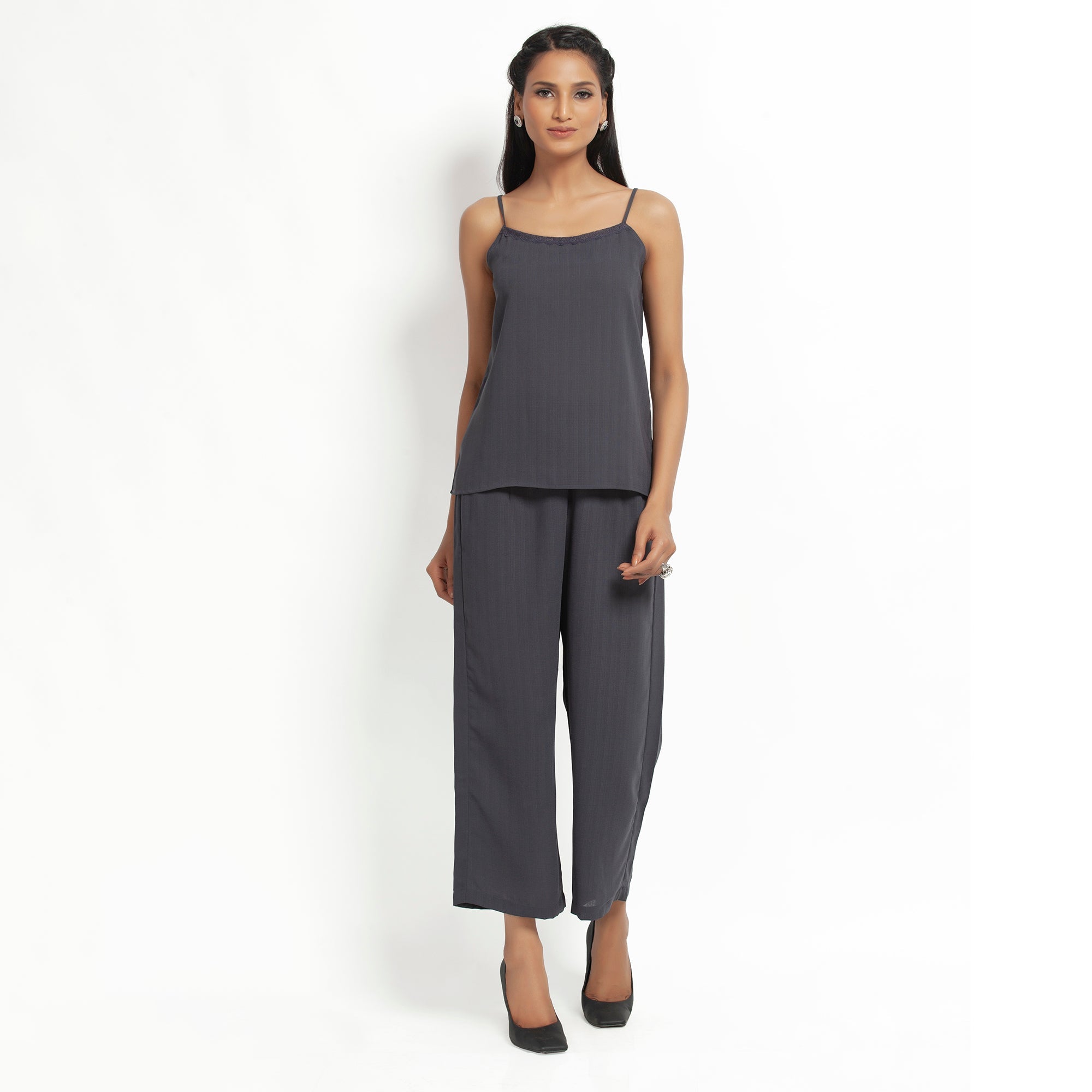 Dark Grey spaghetti Top With Lace