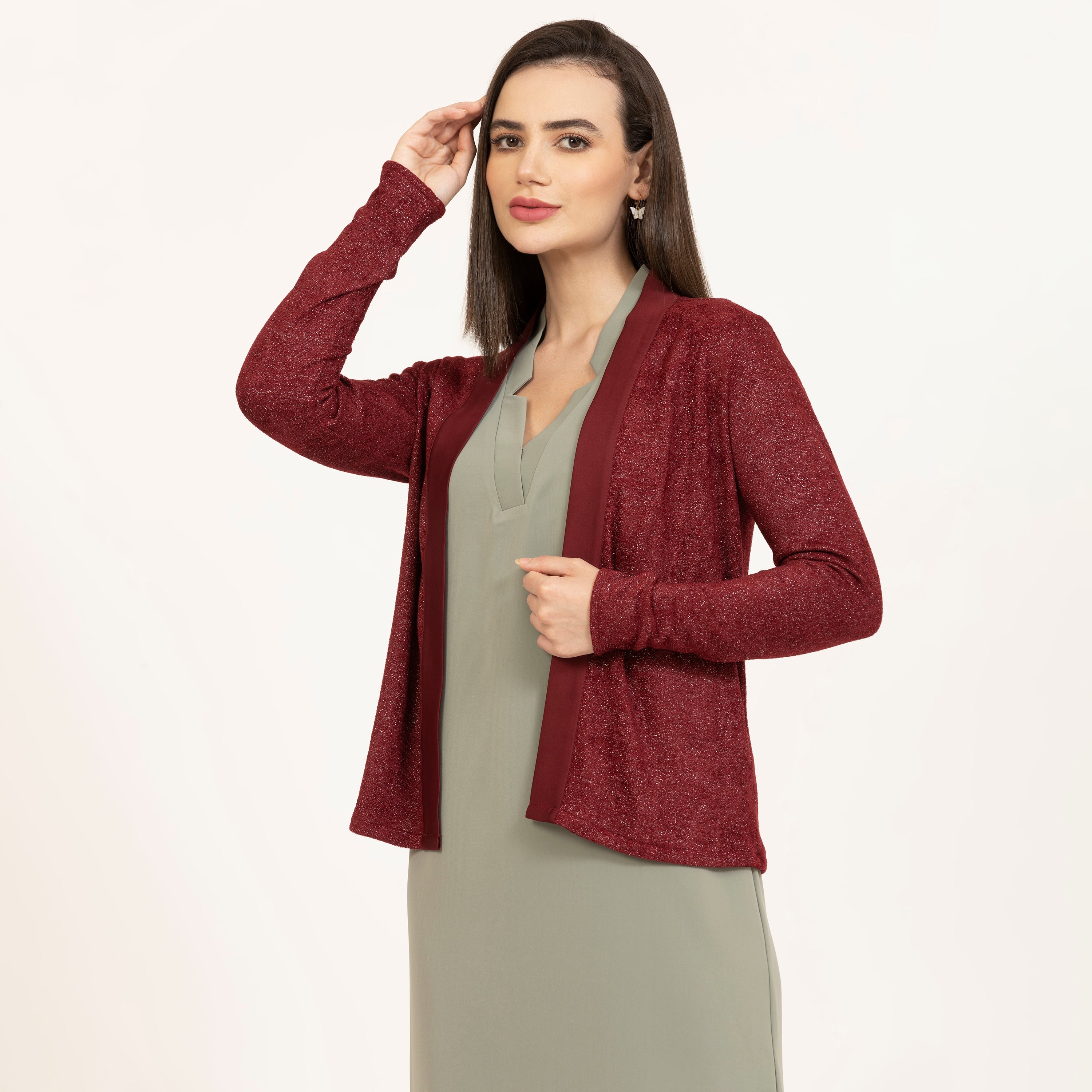 Maroon Shimmer Velvet Lycra Shrug with Satin-1