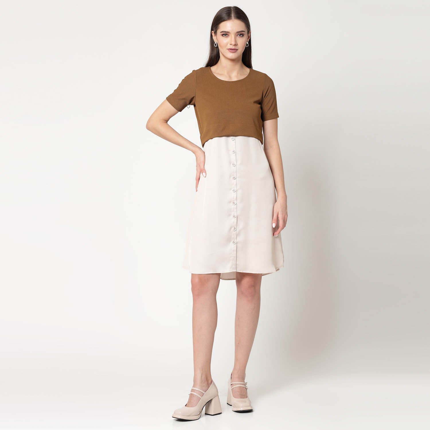 Mustard Lycra & Off White Satin Tunic for Women-4