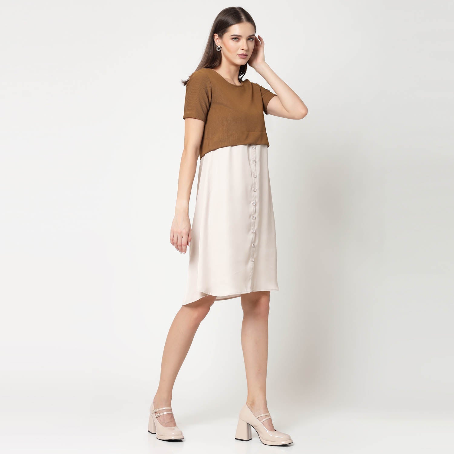 Mustard Lycra & Off White Satin Tunic for Women-2