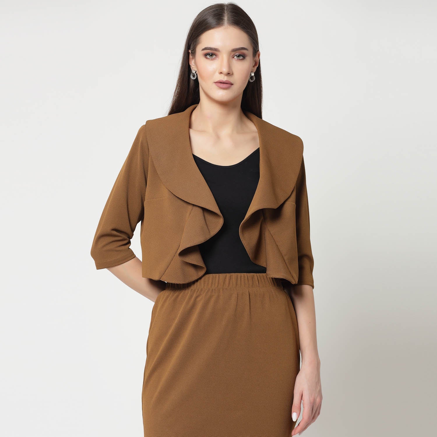 Mustard Lycra Short Jacket with Frill for Women-1