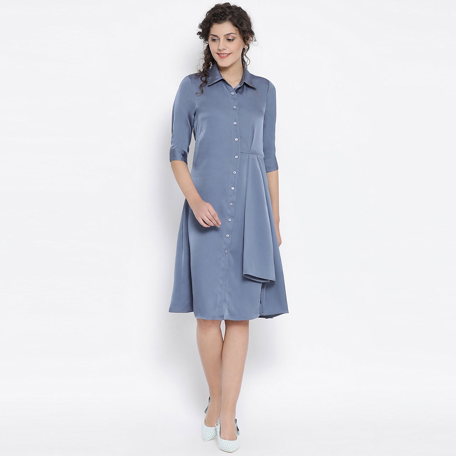 Teal Blue Satin Drape Dress With Grey Flower Bunch Broach