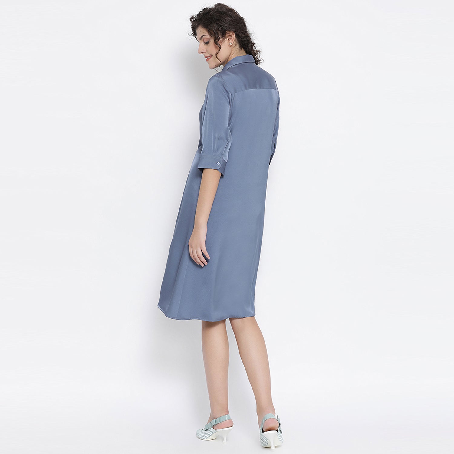 Teal Blue Satin Drape Dress With Grey Flower Bunch Broach