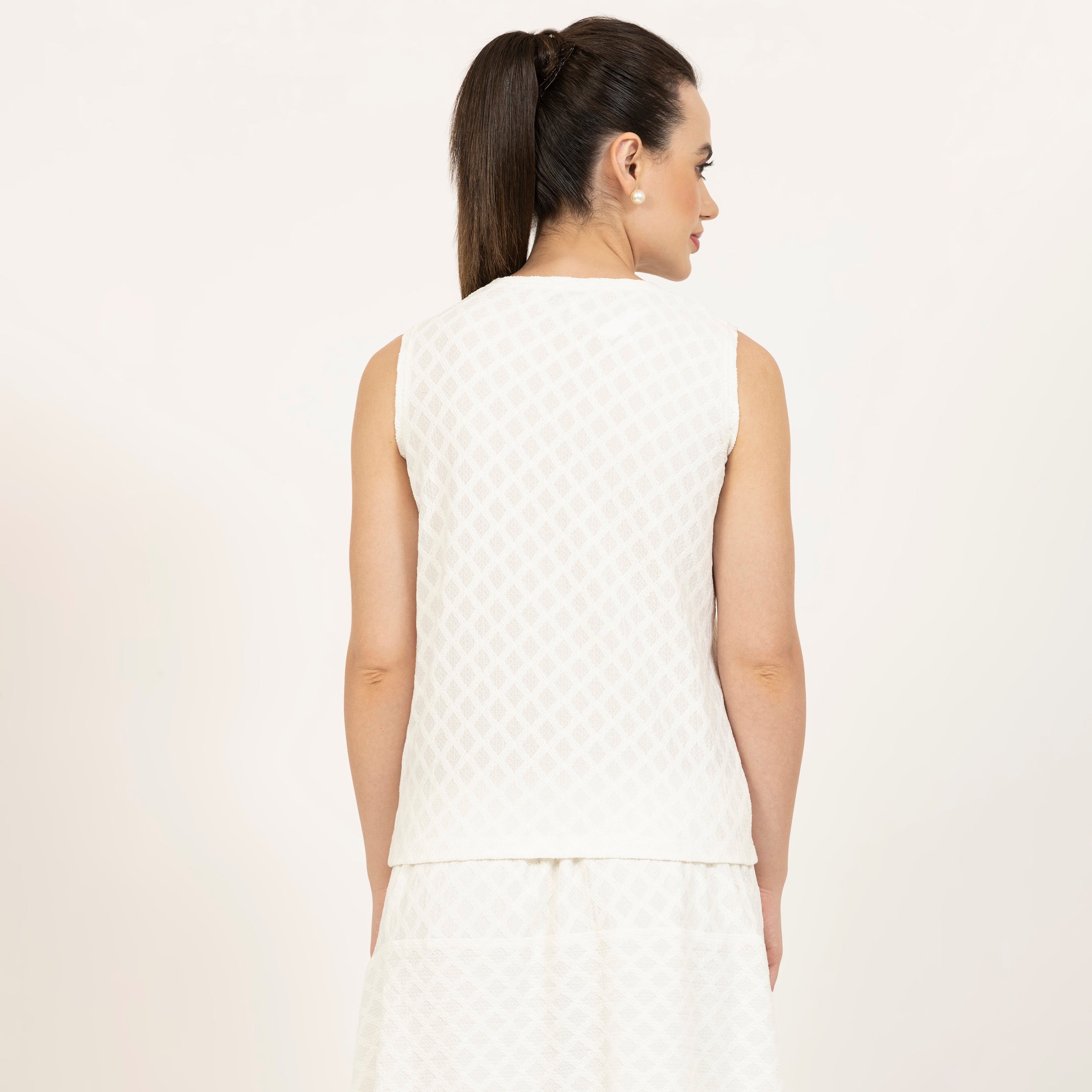 Off White Diamond Textured Without Sleeves Top, off white one piece, off white dress, diamond texture dress, white corporate dress, One piece professional, formal wear women