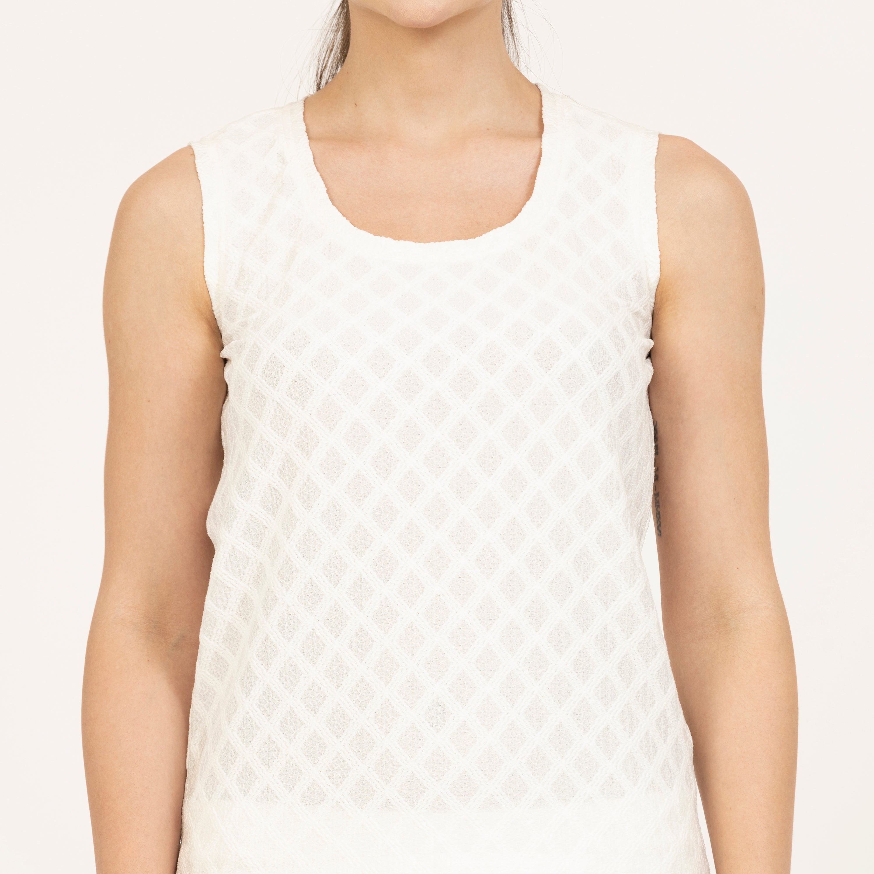 Off White Diamond Textured Without Sleeves Top, off white one piece, off white dress, diamond texture dress, white corporate dress, One piece professional, formal wear women