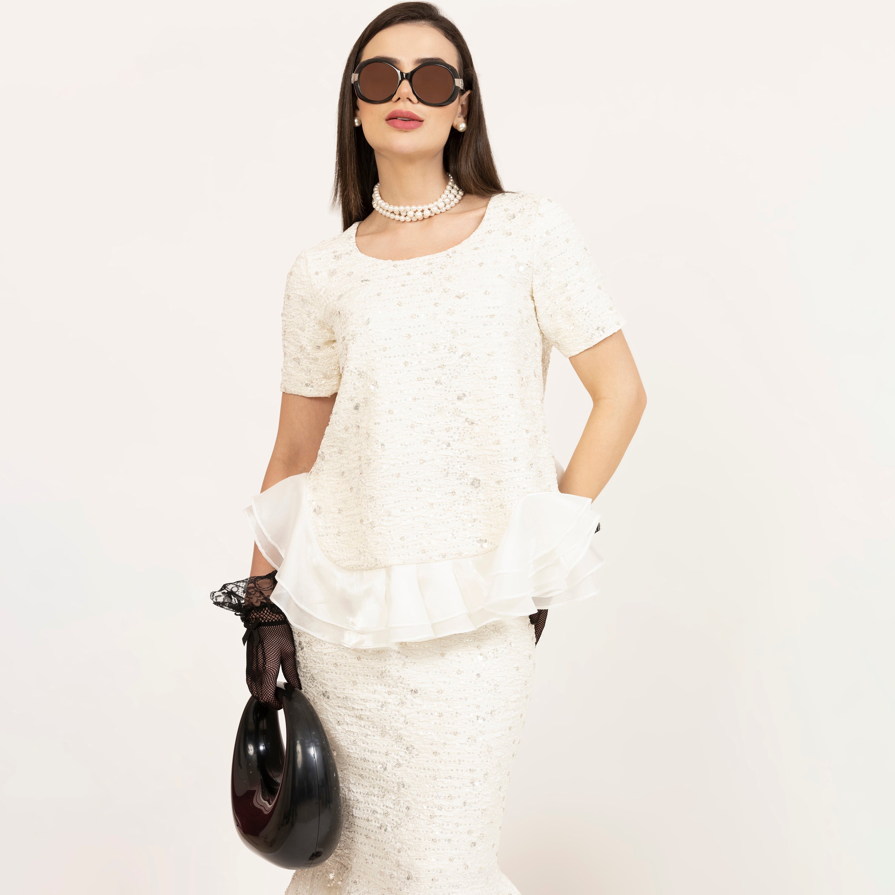 Off White Embroidered Peplum Top With Satin Organza