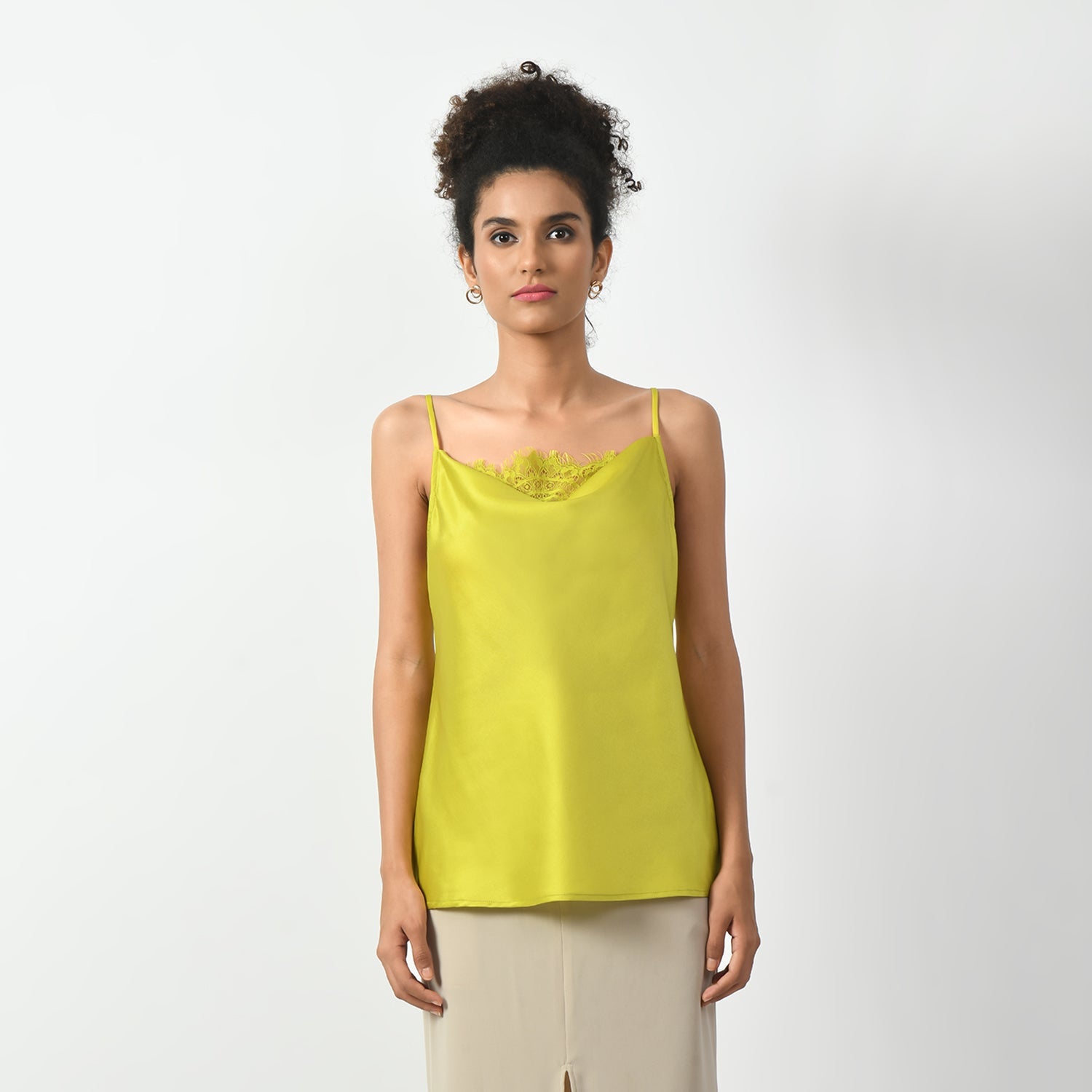 Olive Cowl Spaghetti Top With Lace