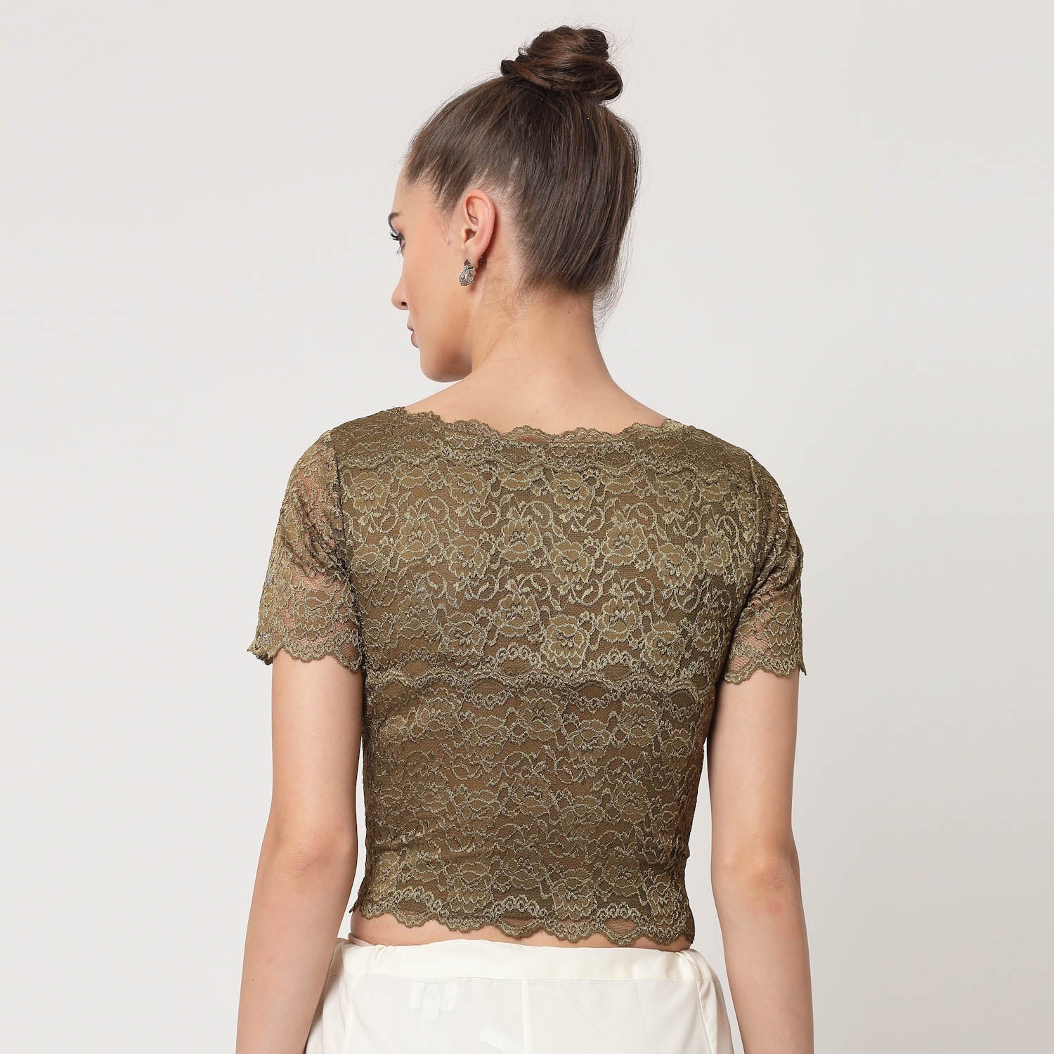 Olive Lace Boat Neck Blouse, Stylish Blouses for Sarees - Perfect for Office Wear