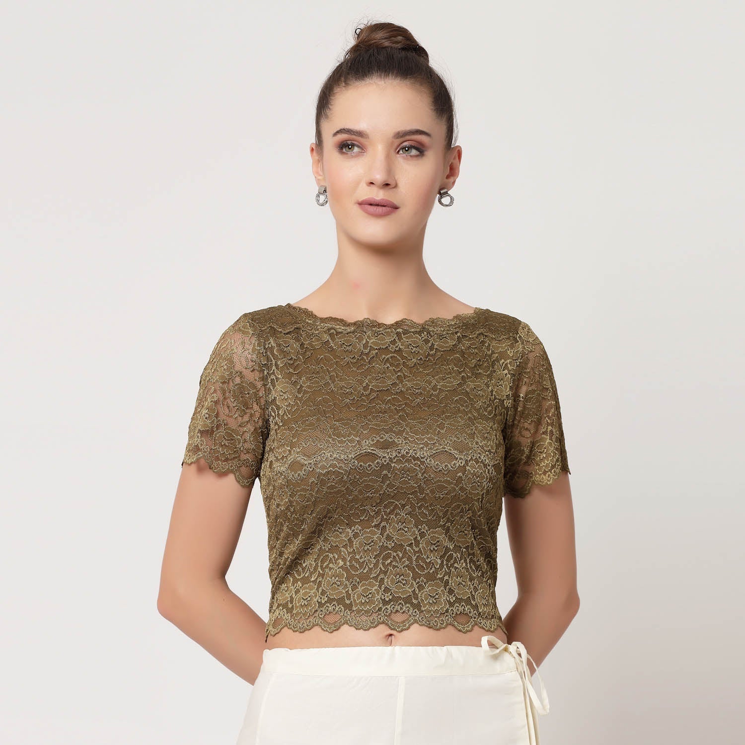 Olive Lace Boat Neck Blouse, Stylish Blouses for Sarees - Perfect for Office Wear