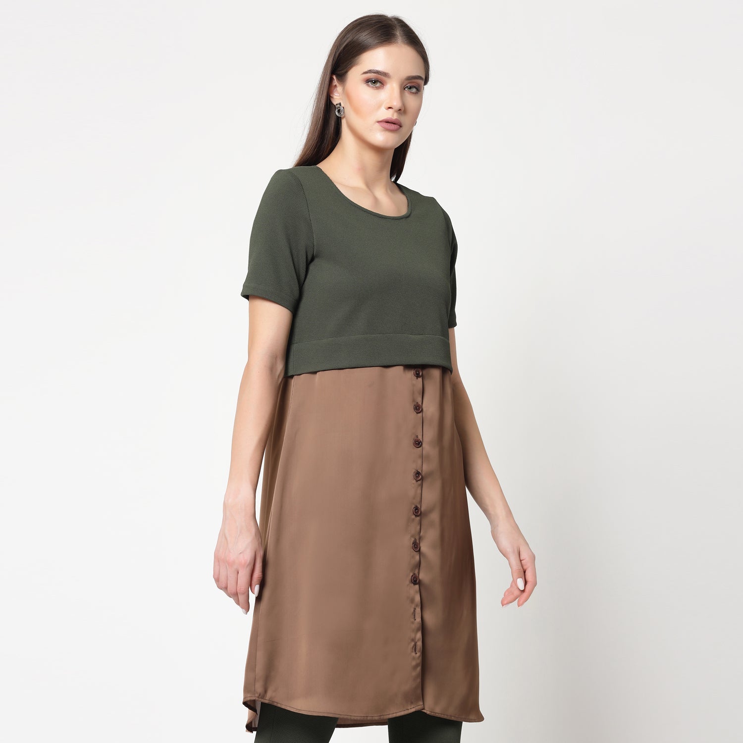Olive Lycra & Brown Satin Tunic for Women-2