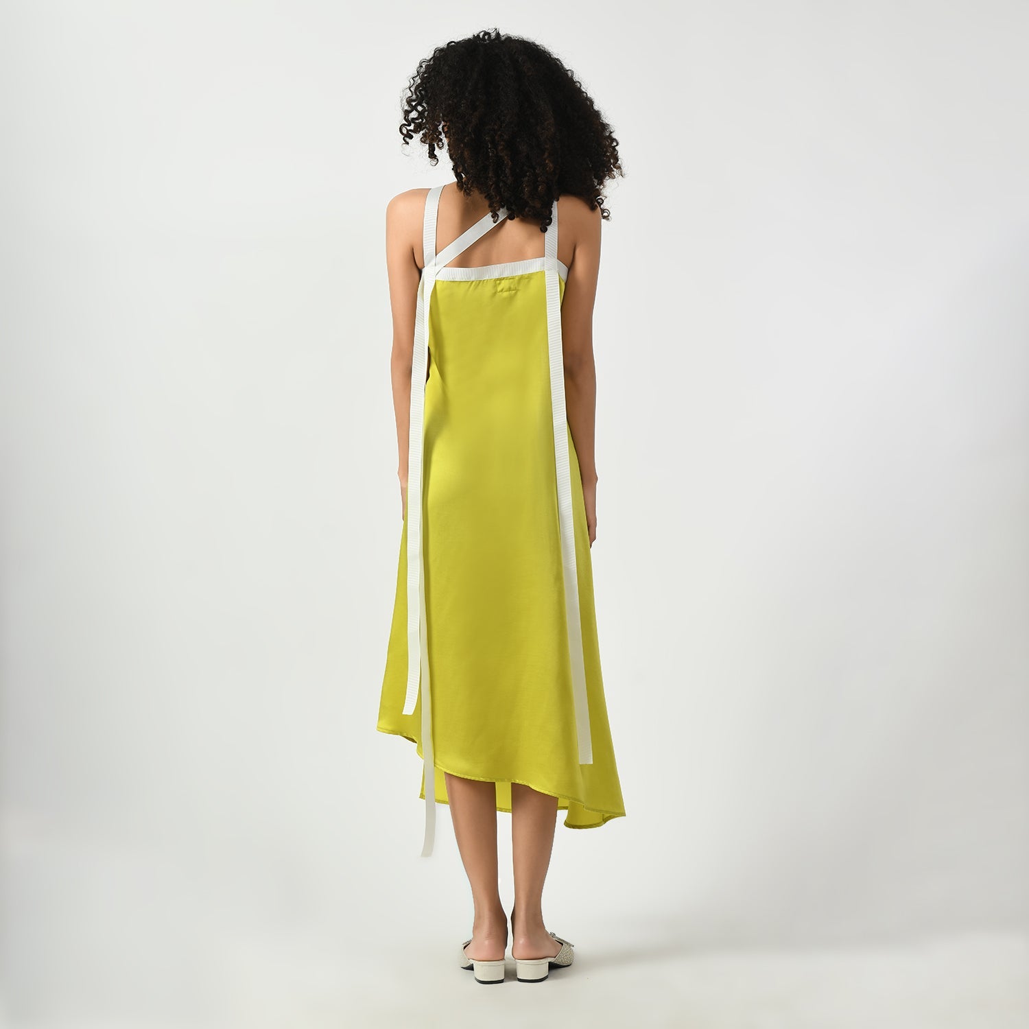 Olive Satin Asymmetrical Dress With Ribbed Ribbon, dress with ribbed ribbon, asymmetrical dresses, olive satin dress, dress for women, stylish dress for women, one piece for women dress, office wear women