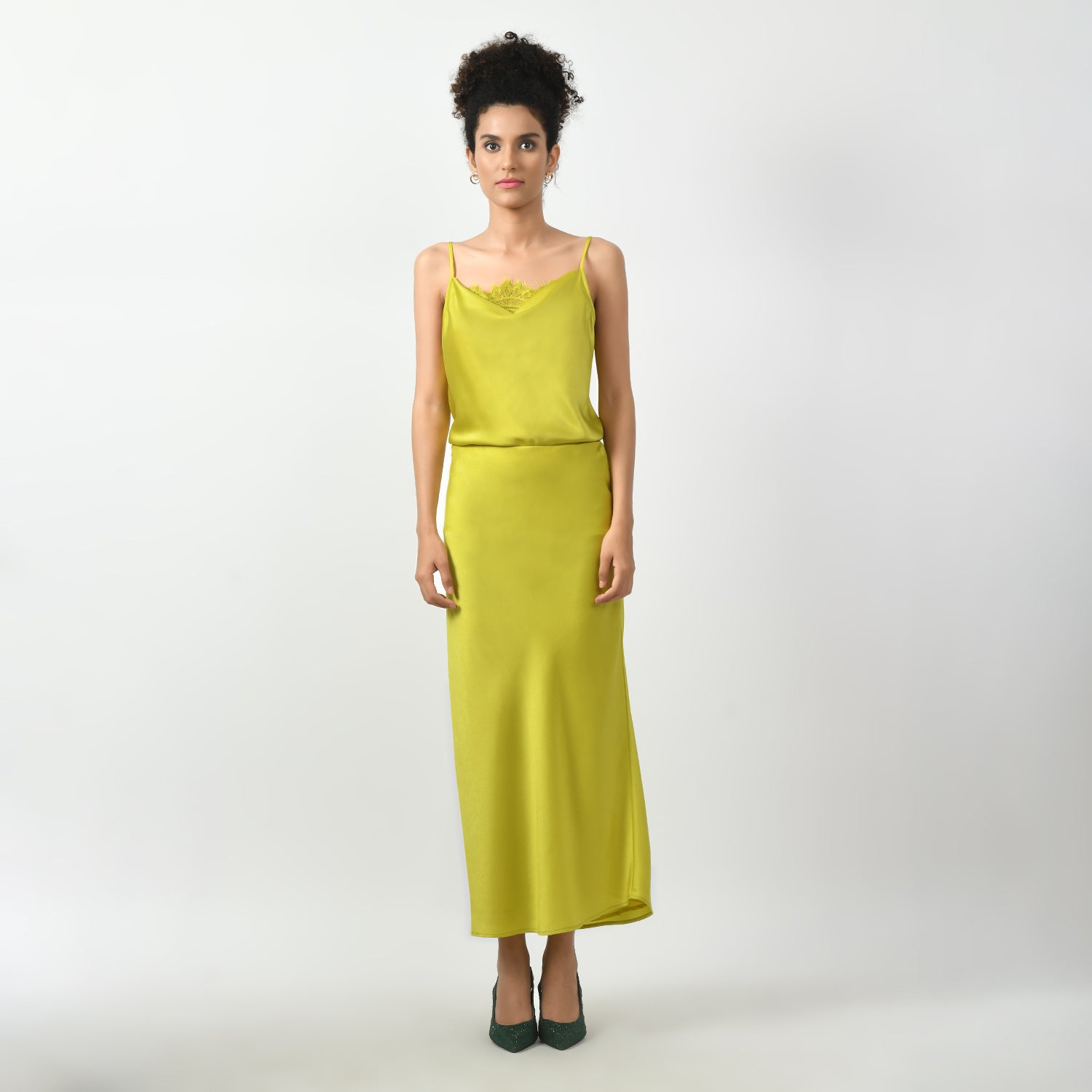 Olive Satin Bias Skirt