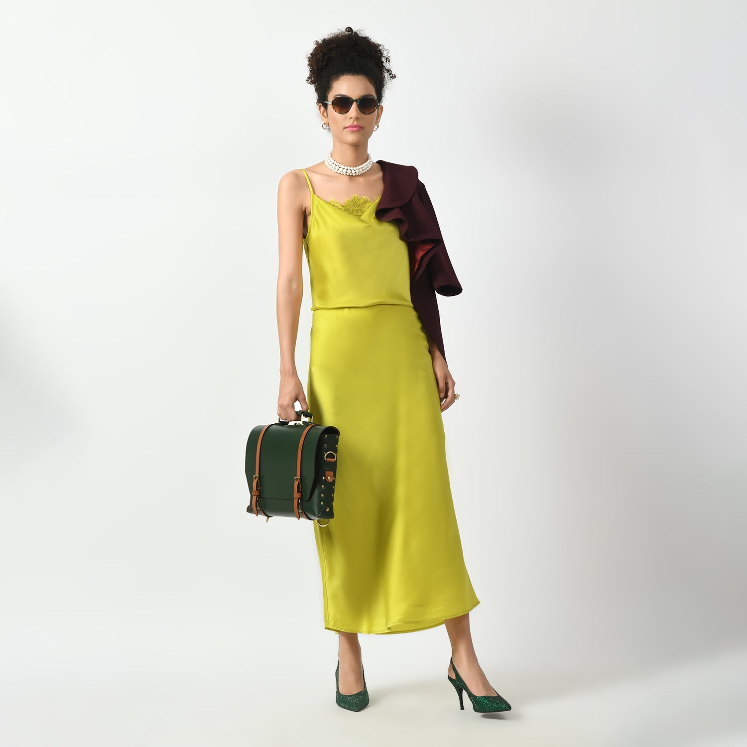 Olive Satin Bias Skirt