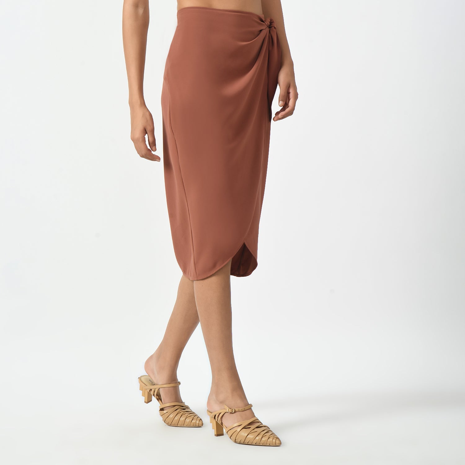 Peach Overlap Skirt With Tie Knot, skirt with knot, overlap skirt, peach skirt, formal frocks for work , office dresses for women, traditional office skirts , designer skirts for work