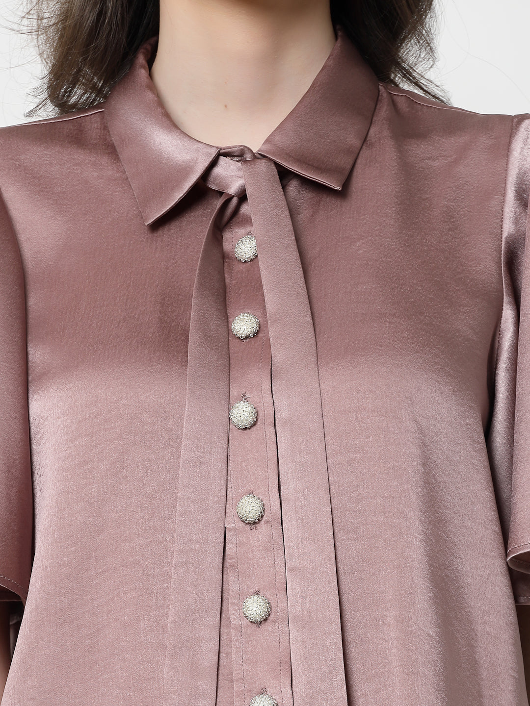 Pink Satin Top With Bell Sleeves & Tie Knot, formal tops for women
tops for women stylish
office dress for women
stylish tops for women