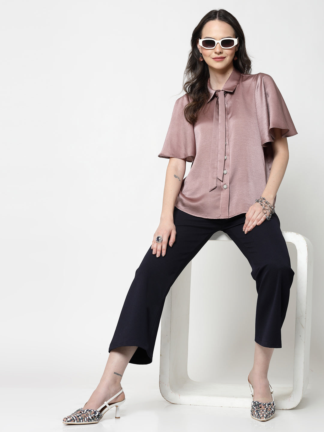 Pink Satin Top With Bell Sleeves & Tie Knot, formal tops for women
tops for women stylish
office dress for women
stylish tops for women