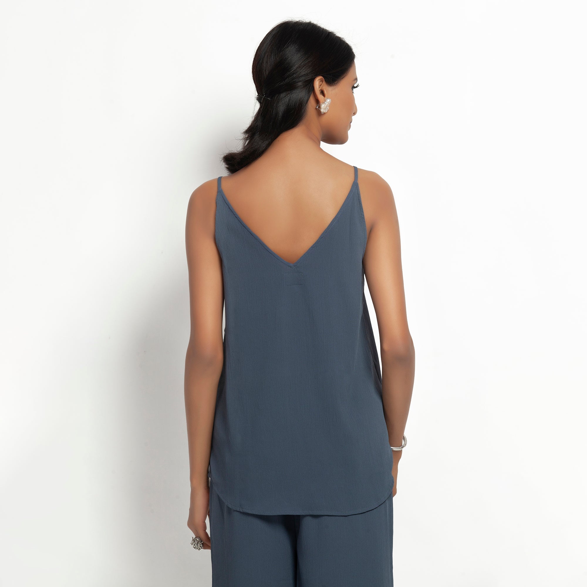 Buy Stone Blue Crepe Spaghetti Top for Women-3