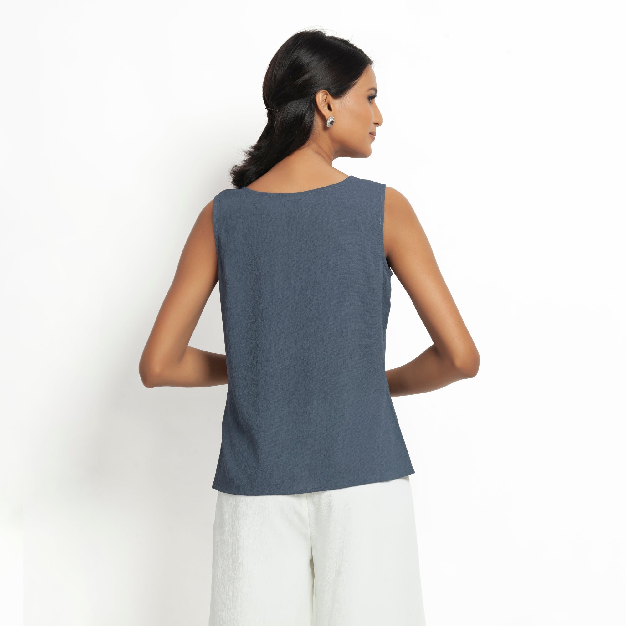 Stone Blue Crepe Office Wear Tops for Women -3