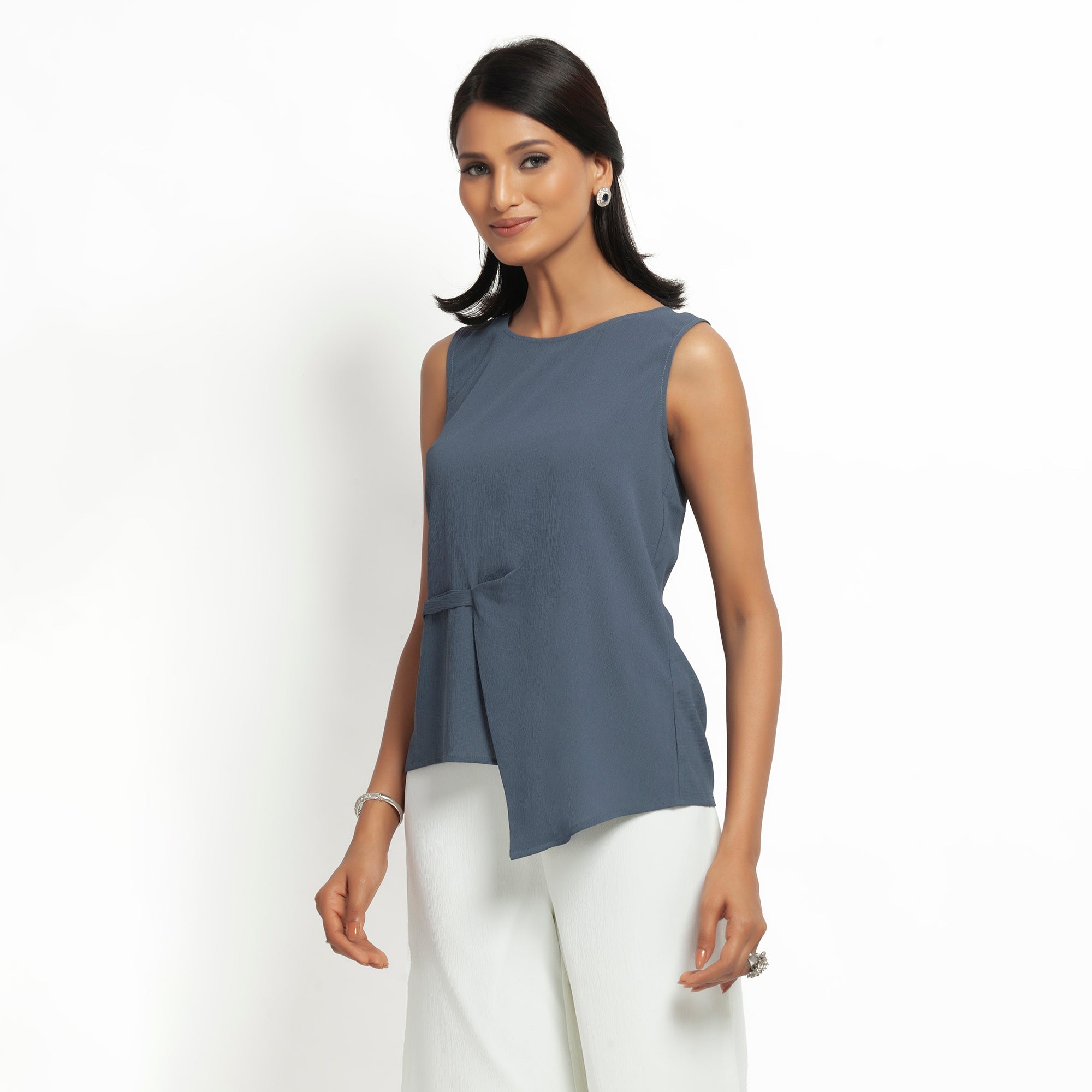 Stone Blue Crepe Office Wear Tops for Women-1