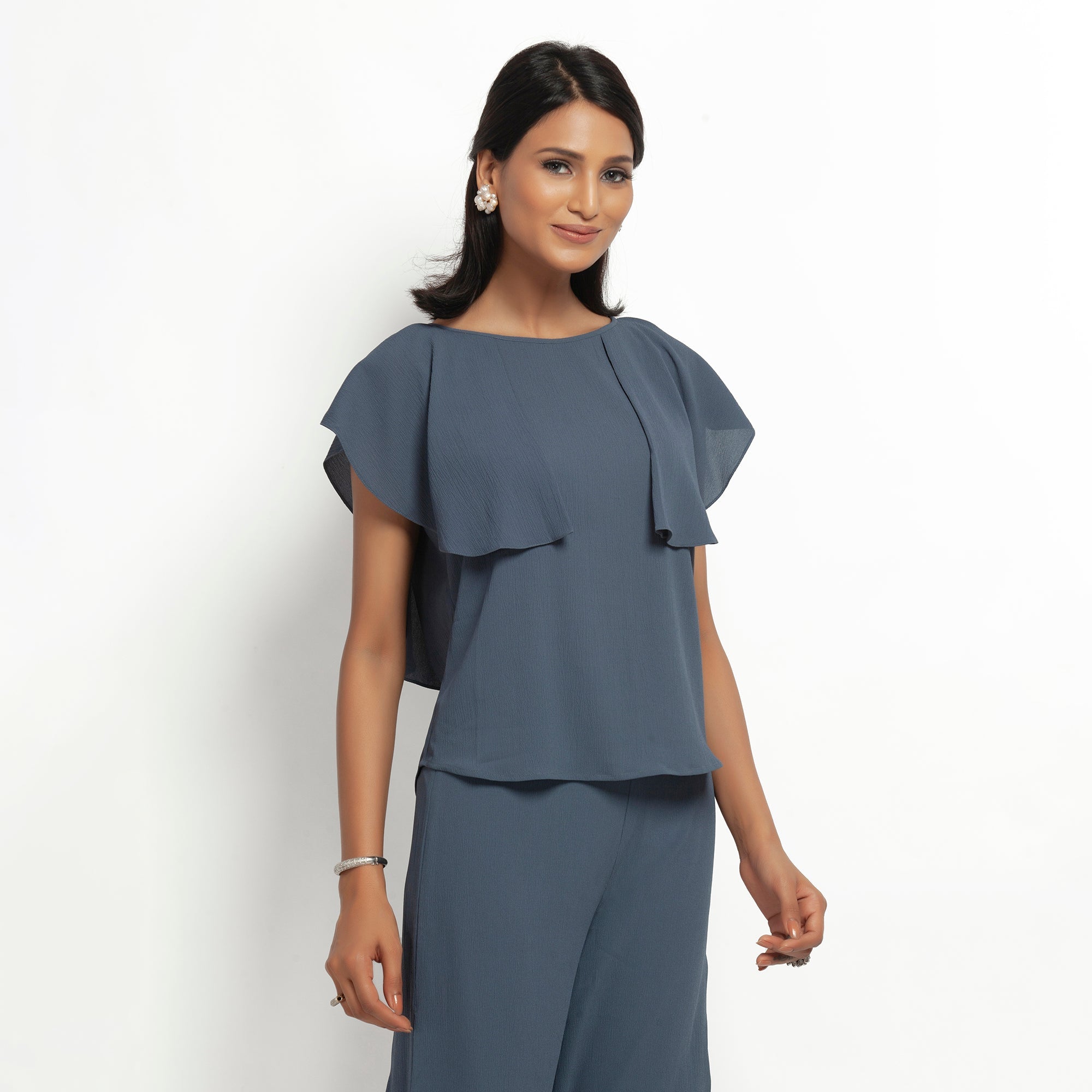Buy Stone Blue Crepe Tops for Office Wear-1