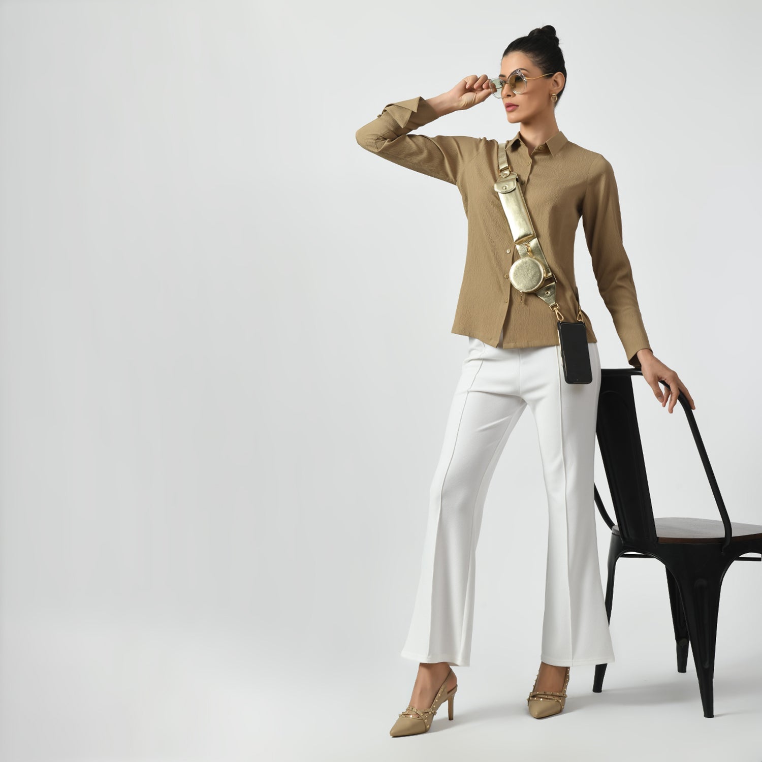 Beige Texture Shirt With Overlap Cuff