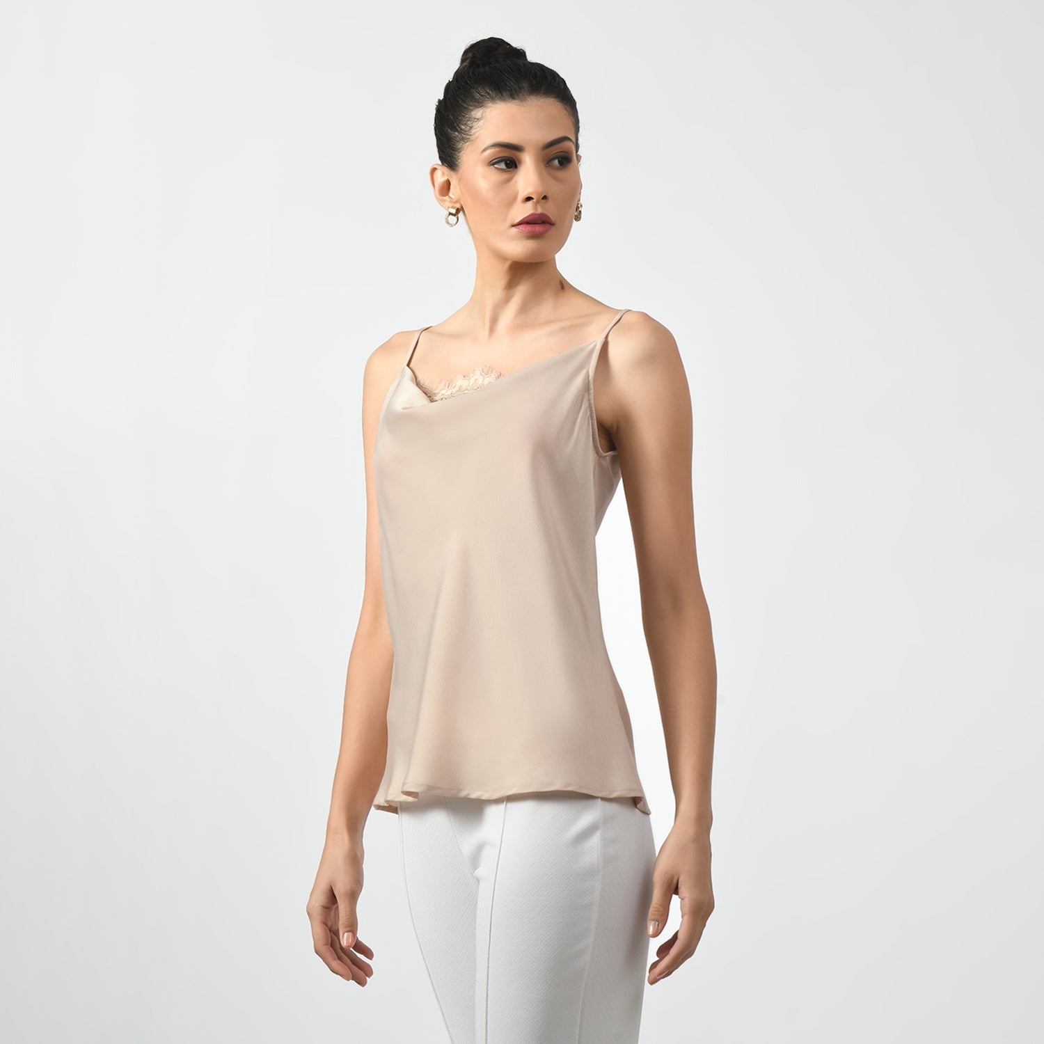 Off White Cowl Spaghetti Top With Lace