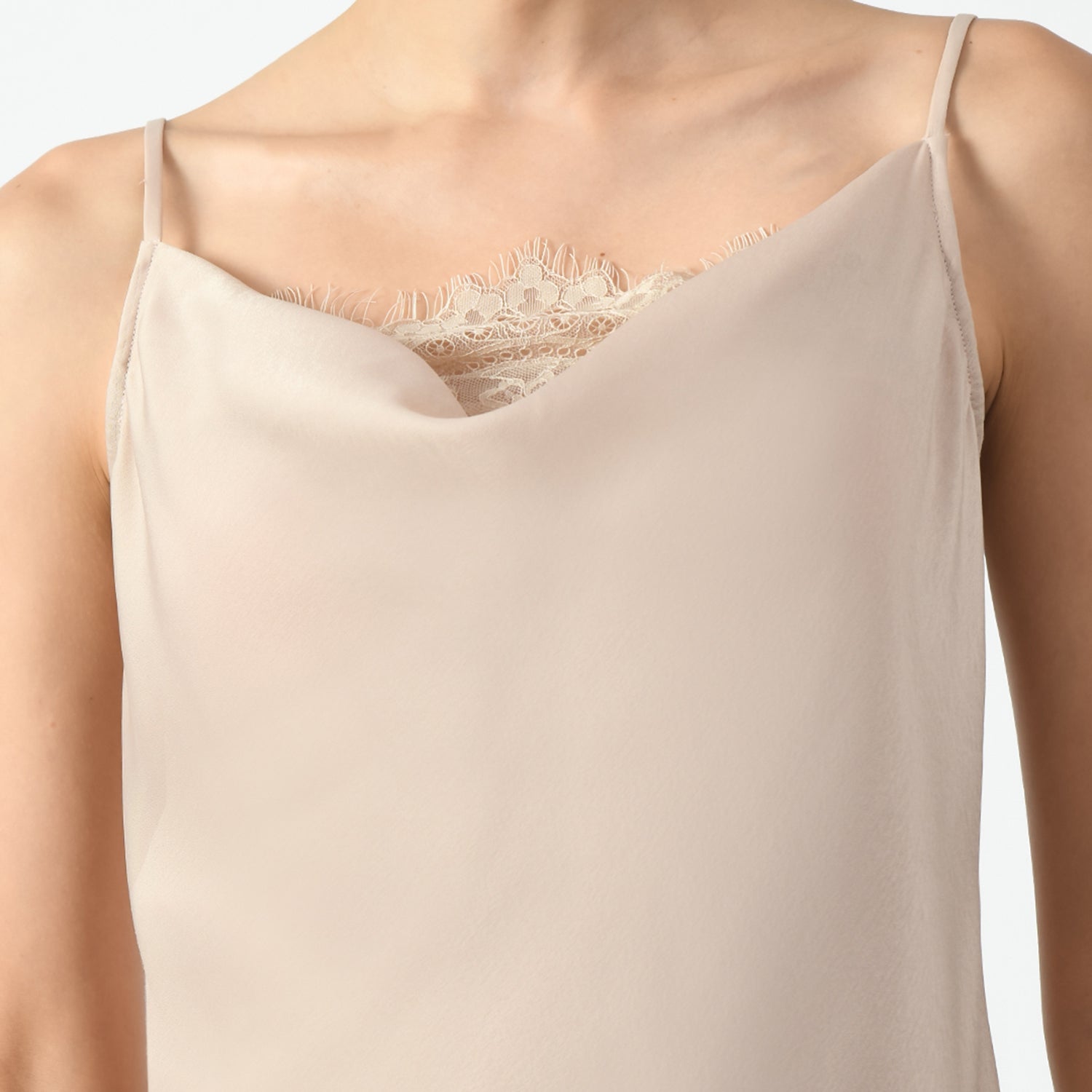 Off White Cowl Spaghetti Top With Lace