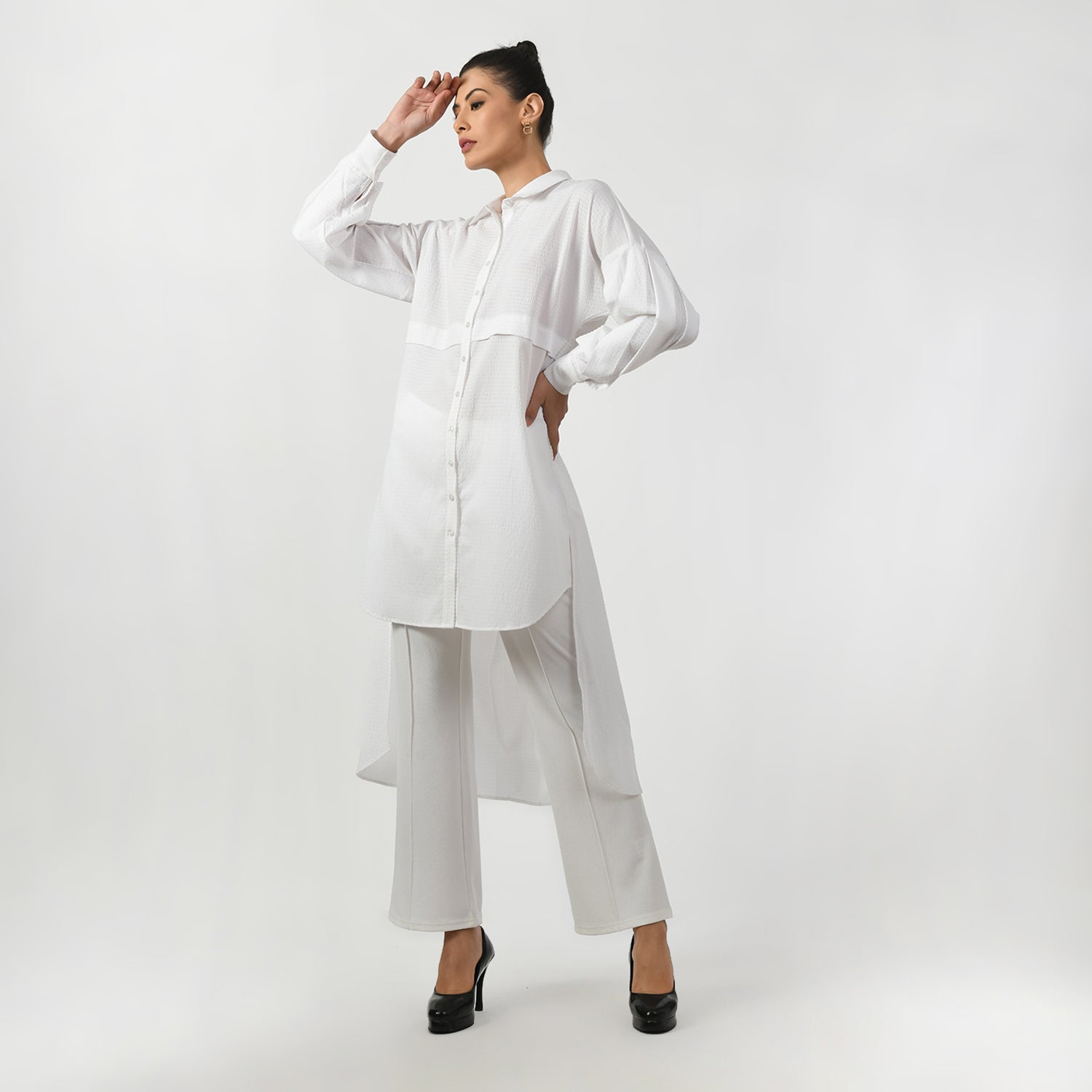 White Line Texture Asymmetrical Shirt
